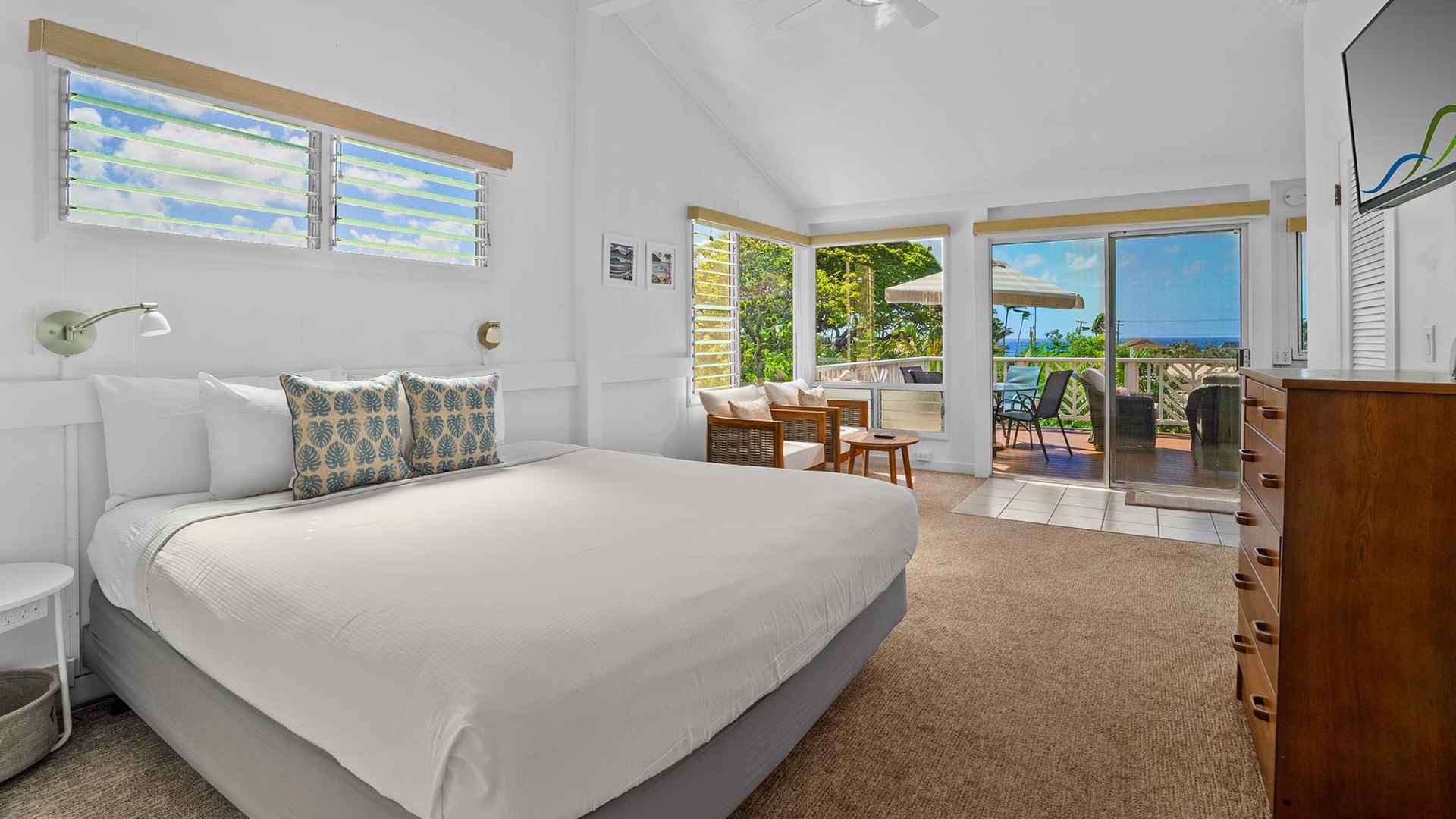 Brennecke Beach Bungalow - Upper Level Primary Bedroom Suite & Lanai - Parrish Kauai