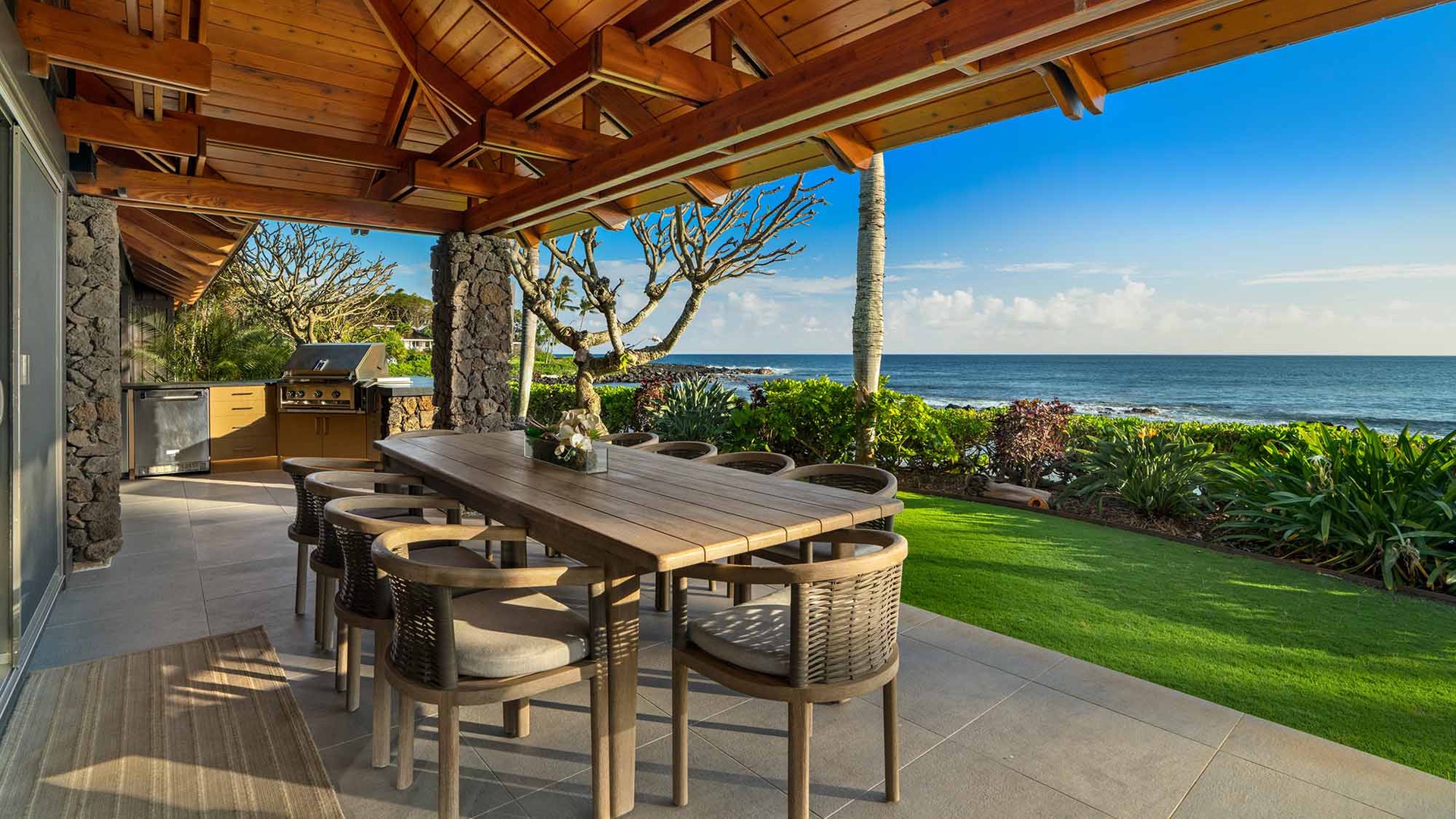 Hale Luana - Oceanfront Dining Lanai at Sunset - Parrish Kauai