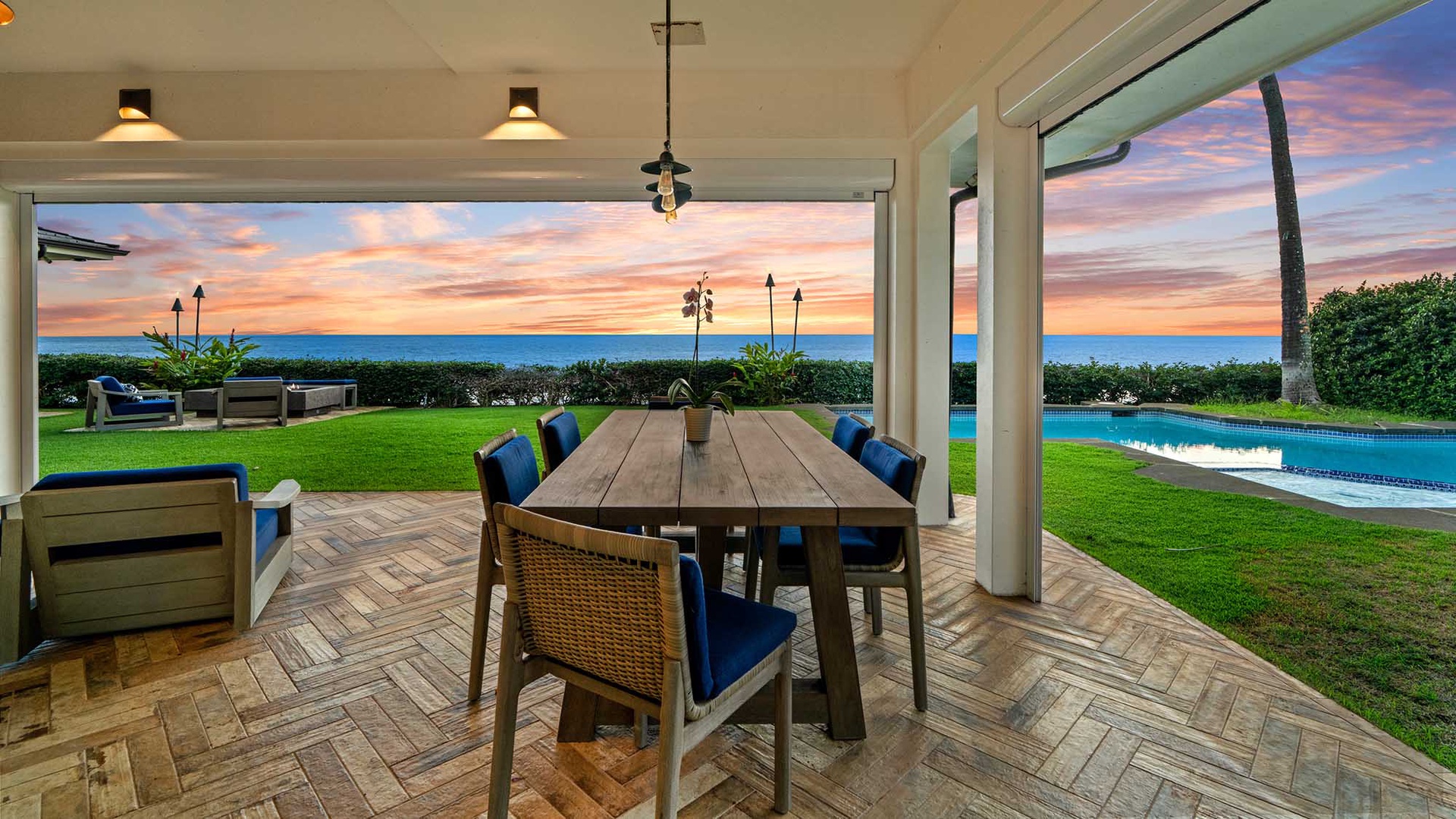Honu Hale at Poipu - Covered Oceanfront Dining Lanai at Sunset - Parrish Kauai