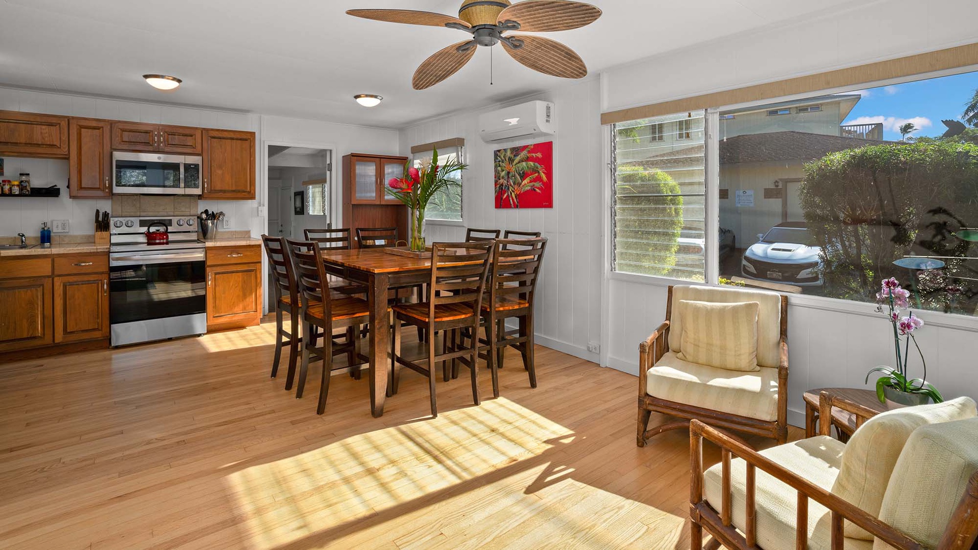 Relax in your bright, open-plan retreat where warm wood tones meet modern comfort, perfect for memorable meals and peaceful moments together.