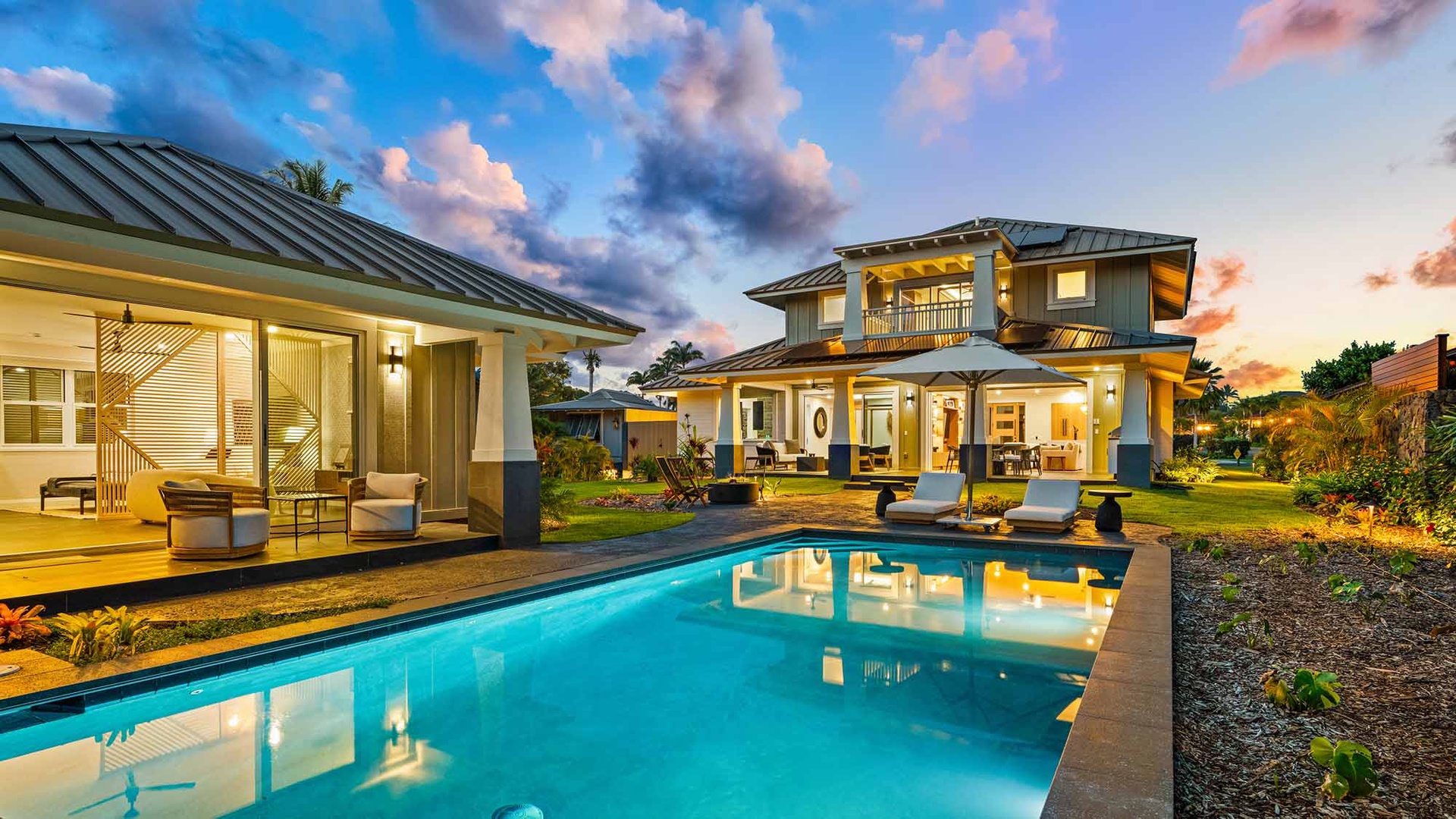 Kukuiula Makai Cottage #33 - Backyard Pool at Dusk - Parrish Kauai
