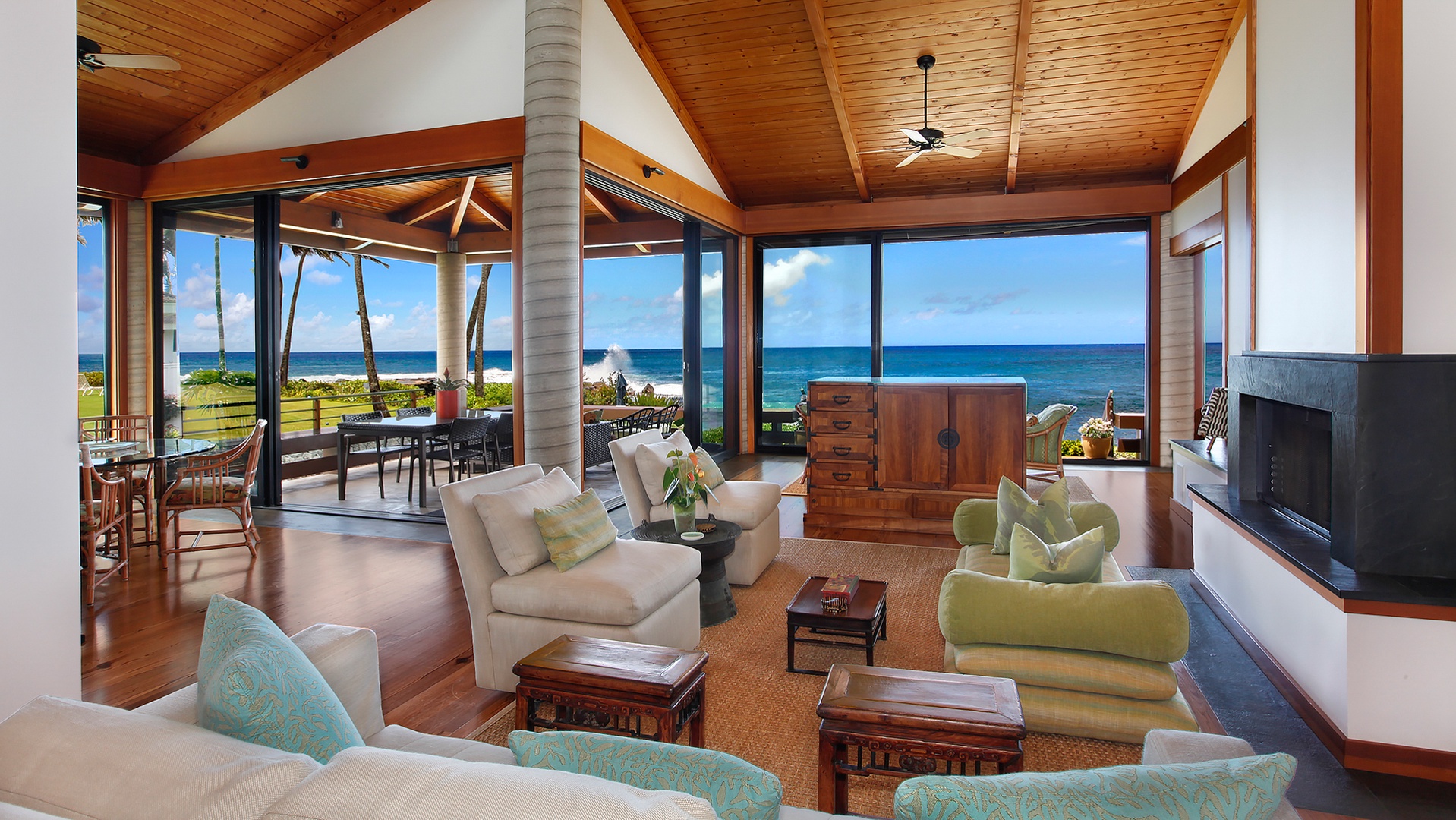 Hale Makai - Oceanfront Living Room & Lanai View - Parrish Kauai