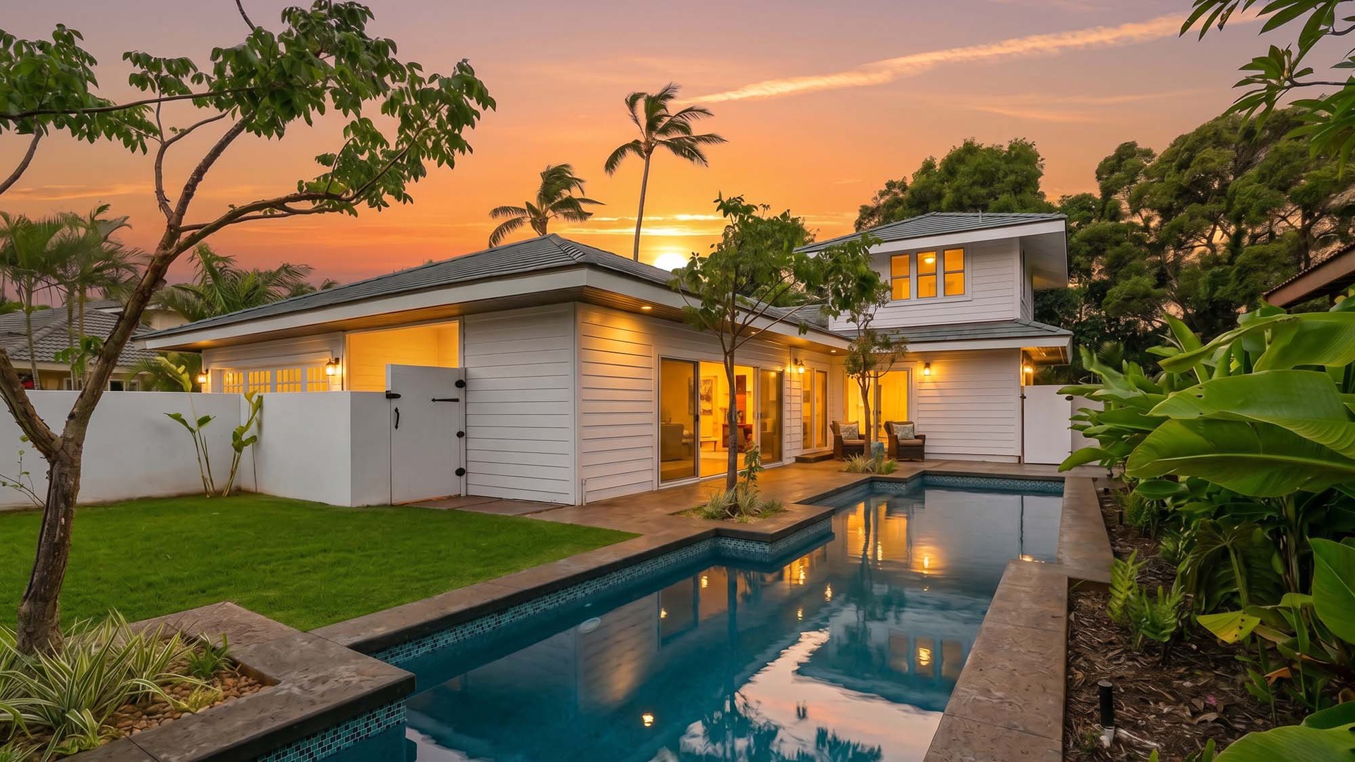 Modern tropical retreat featuring a private pool surrounded by lush landscaping and swaying palms, captured at sunset as warm light fills the open-concept interior spaces.