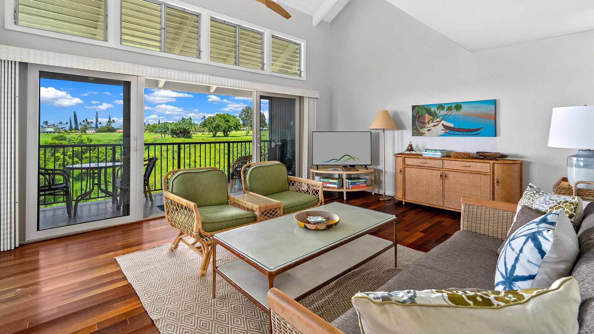 Step into your peaceful island retreat where rich hardwood floors and island-inspired décor set the tone. From your private balcony, take in views of lush fairways framed by swaying palms.