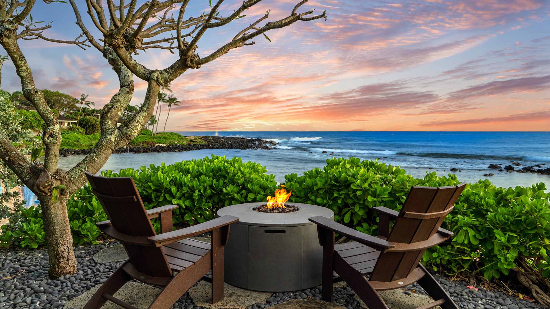 Gather around your private fire pit as waves crash nearby and the sky paints breathtaking colors across the ocean horizon.