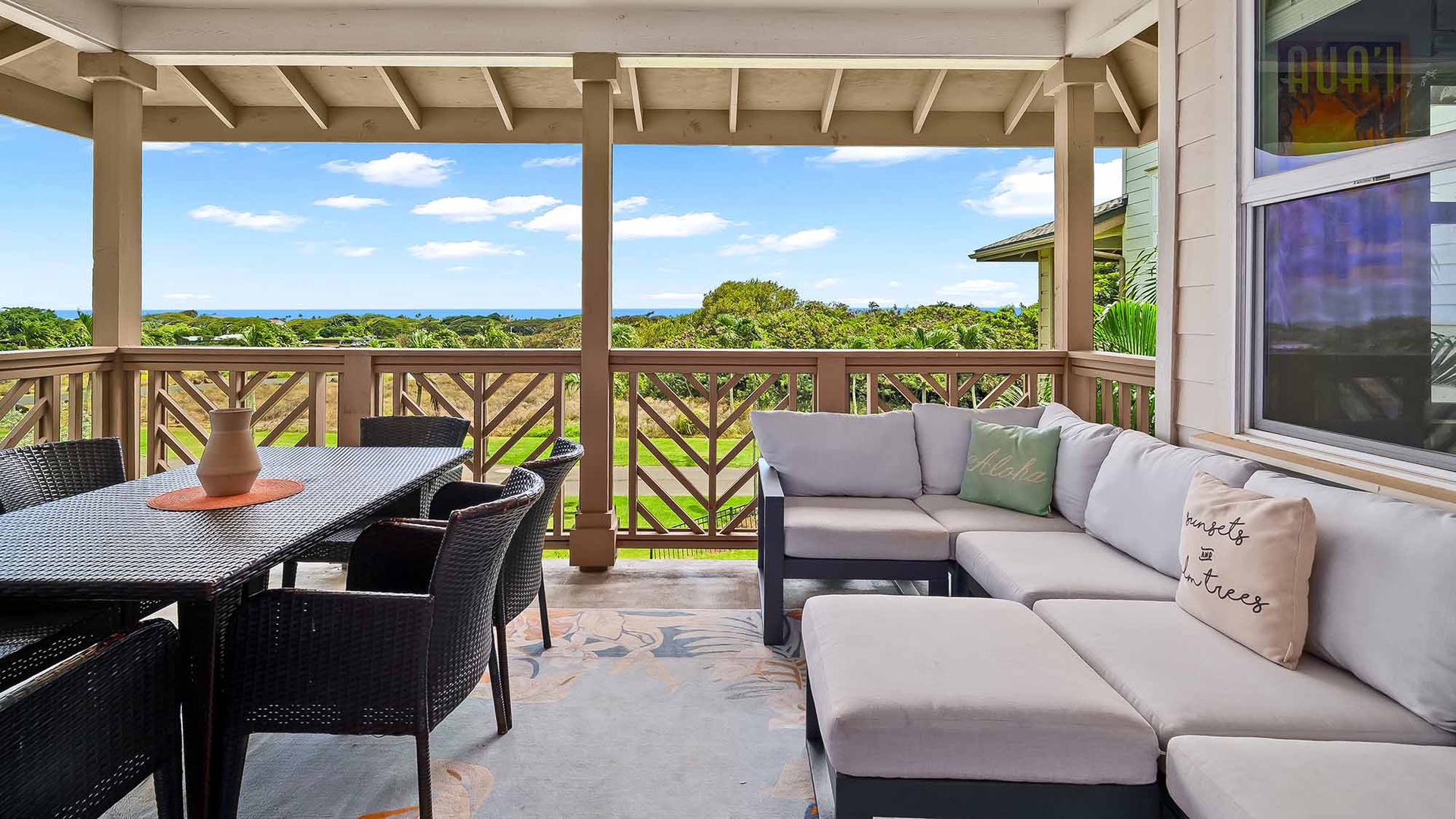 Unwind on your private covered deck with ocean views stretching to the horizon. Comfortable seating and an outdoor dining table invite you to savor meals and sunsets in the fresh coastal air.