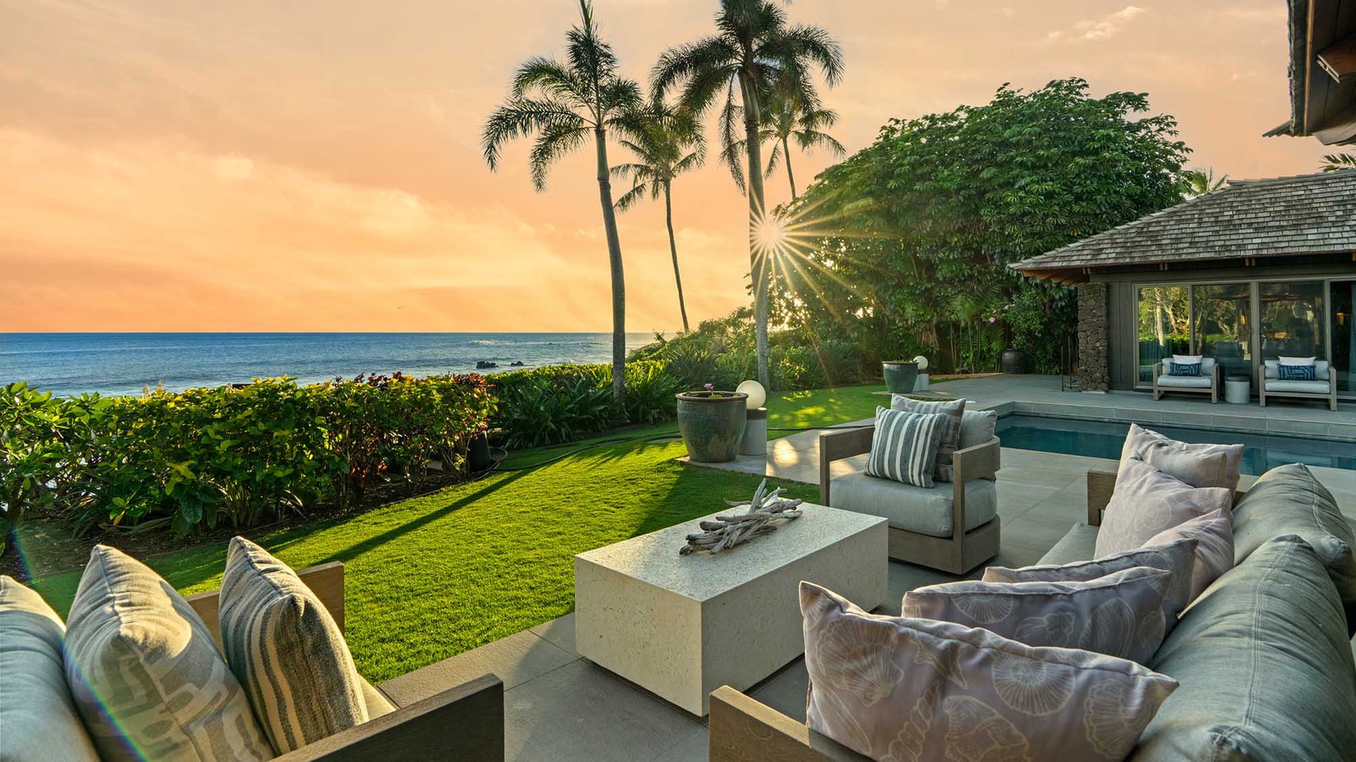 Hale Luana - Oceanfront Seating Lanai at Sunset - Parrish Kauai