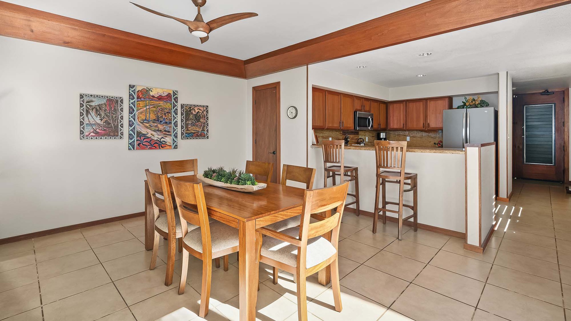 Your spacious dining and kitchen area features rich wood accents, modern appliances, and all the conveniences of home—perfect for savoring meals together after exploring the coast.