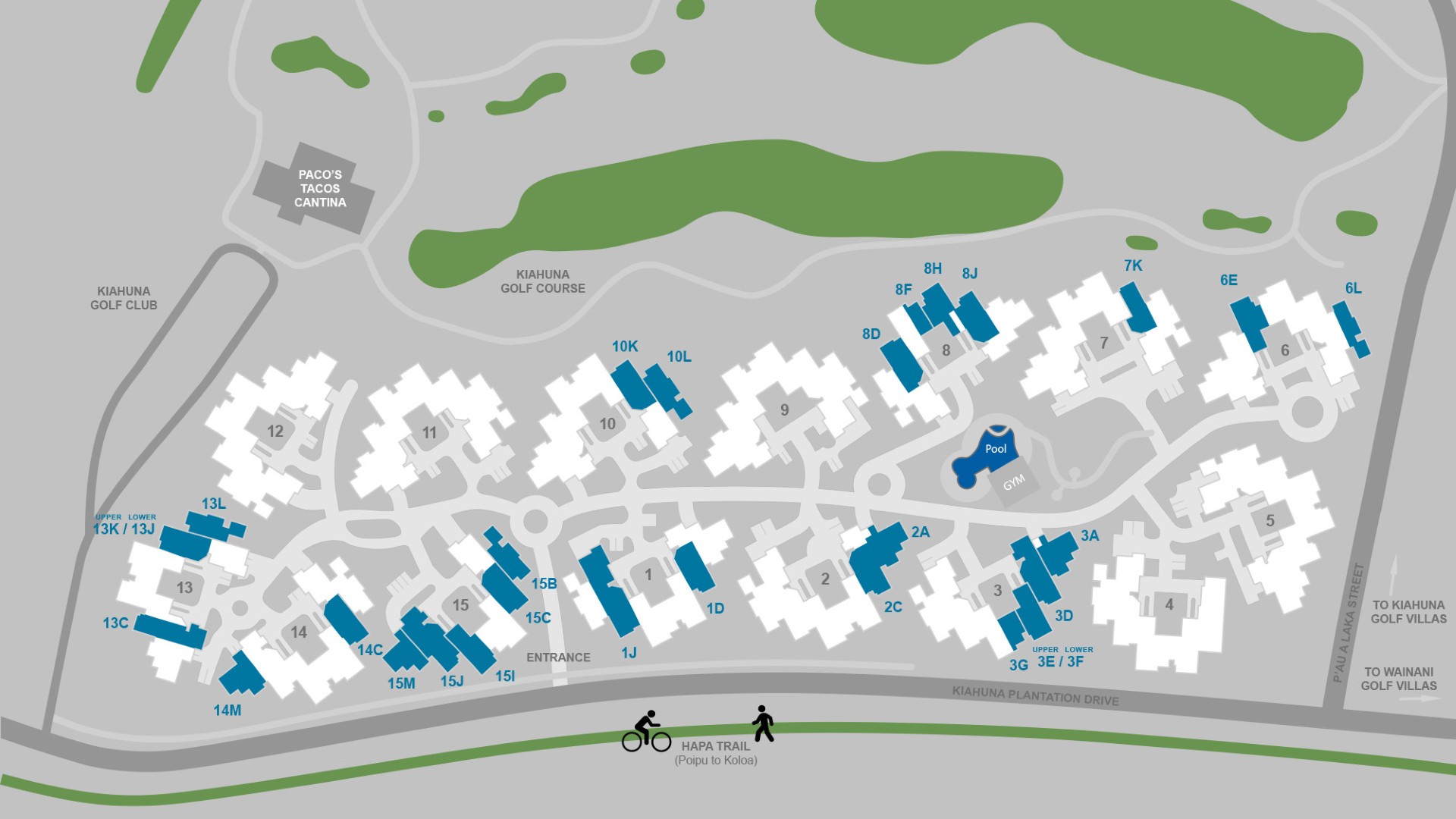 Aerial map showing the resort complex layout with buildings, pool, and neighboring Kiahuna Golf Course—helpful for orientation upon arrival.