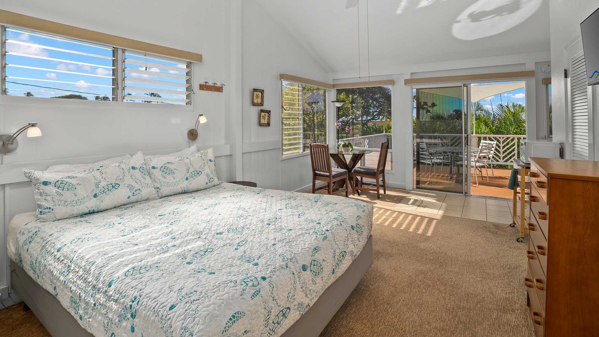 Brennecke Beach Bungalow - Upper Level Primary Bedroom Suite & Lanai - Parrish Kauai
