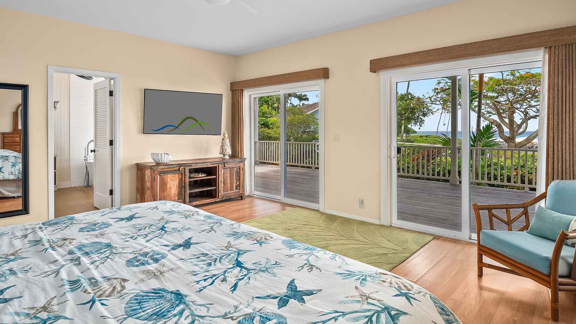 Wake up to breathtaking ocean views from your serene bedroom, where coastal breezes and natural light invite you to step onto your private deck and start your day in paradise.