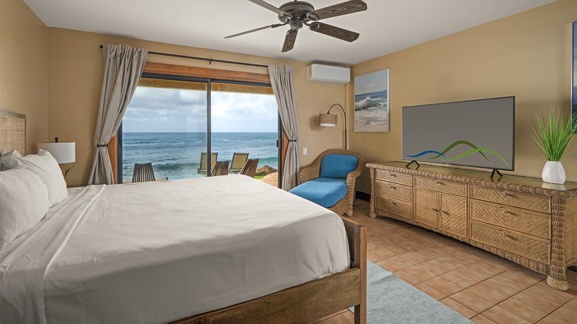 Wake up to stunning ocean views from your comfortable bedroom, where tropical breezes and the sound of waves create your perfect island retreat.