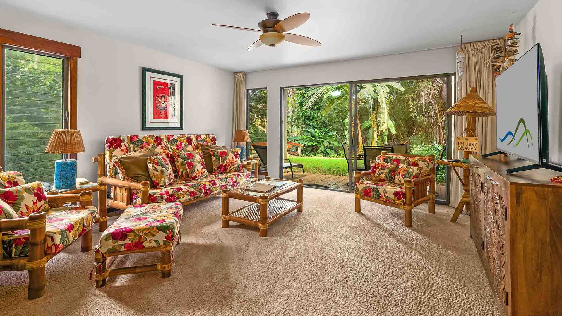 Waikomo Stream Villas #403 - Living Room & Lanai View - Parrish Kauai
