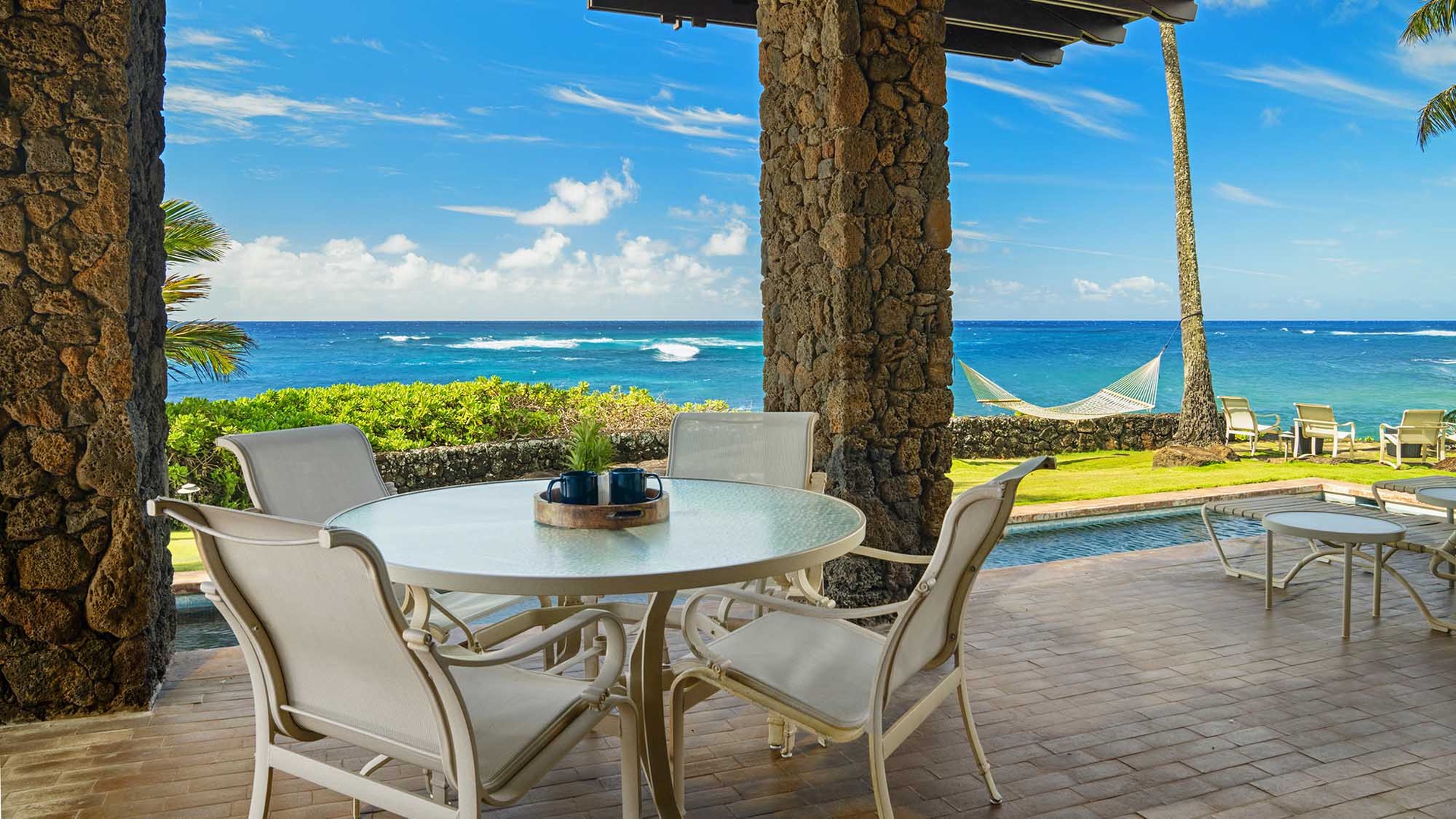 Sunset Makai Hale at Poipu - Oceanfront Poolside Dining Lanai - Parrish Kauai