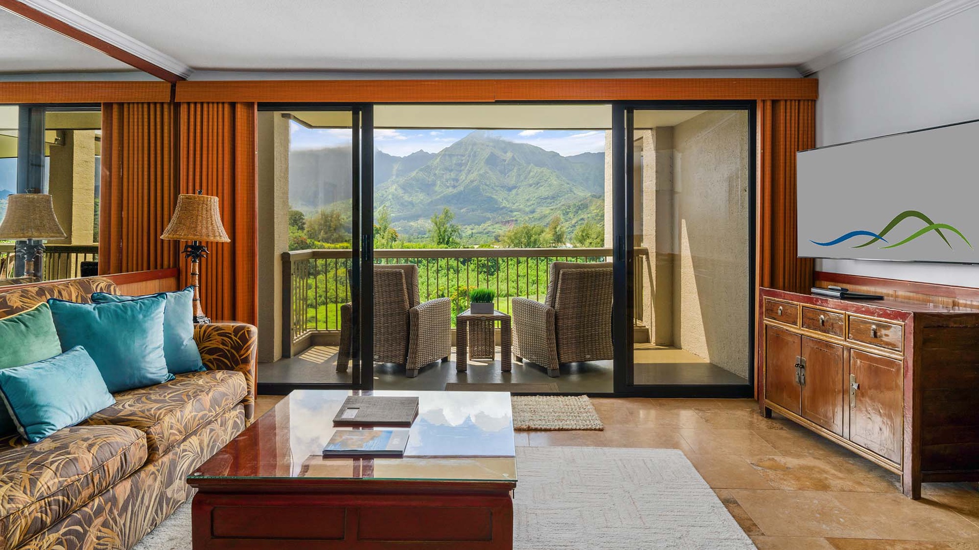 Hanalei Bay Resort #9222 - Living Room & Lanai View - Parrish Kauai