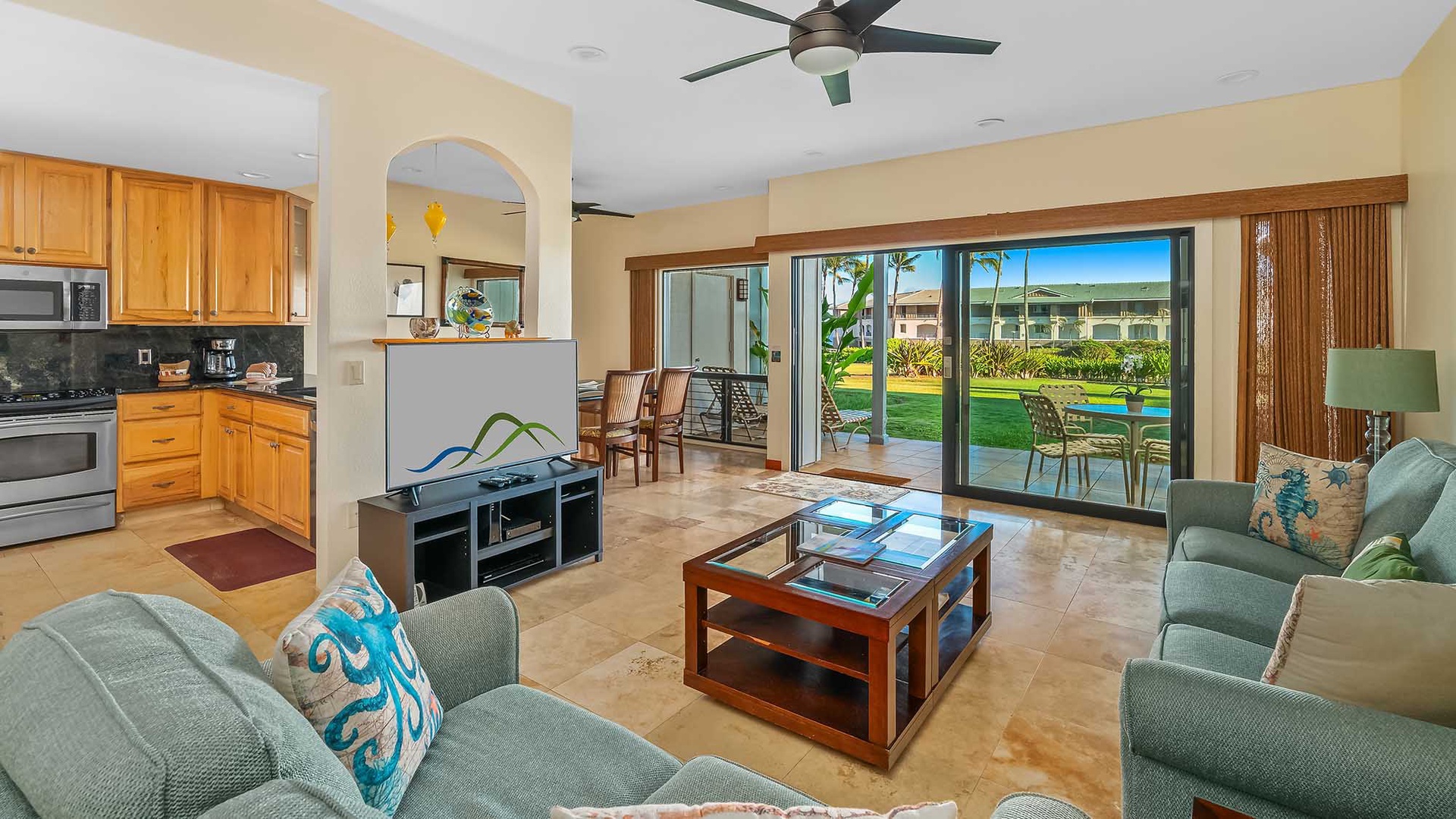 Poipu Sands at Poipu Kai Resort #315 - Living Room & Lanai View - Parrish Kauai