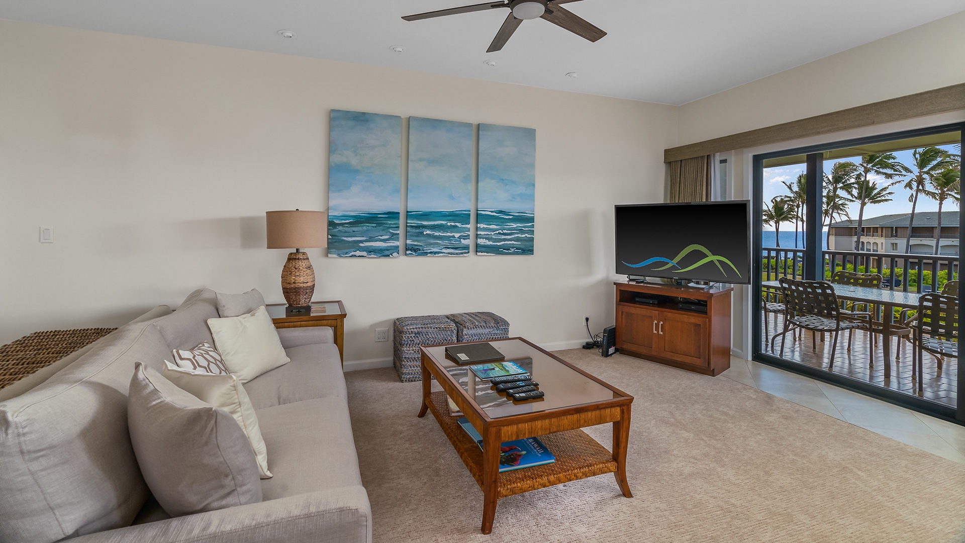Poipu Sands at Poipu Kai Resort #324 - Living Room & Lanai View - Parrish Kauai