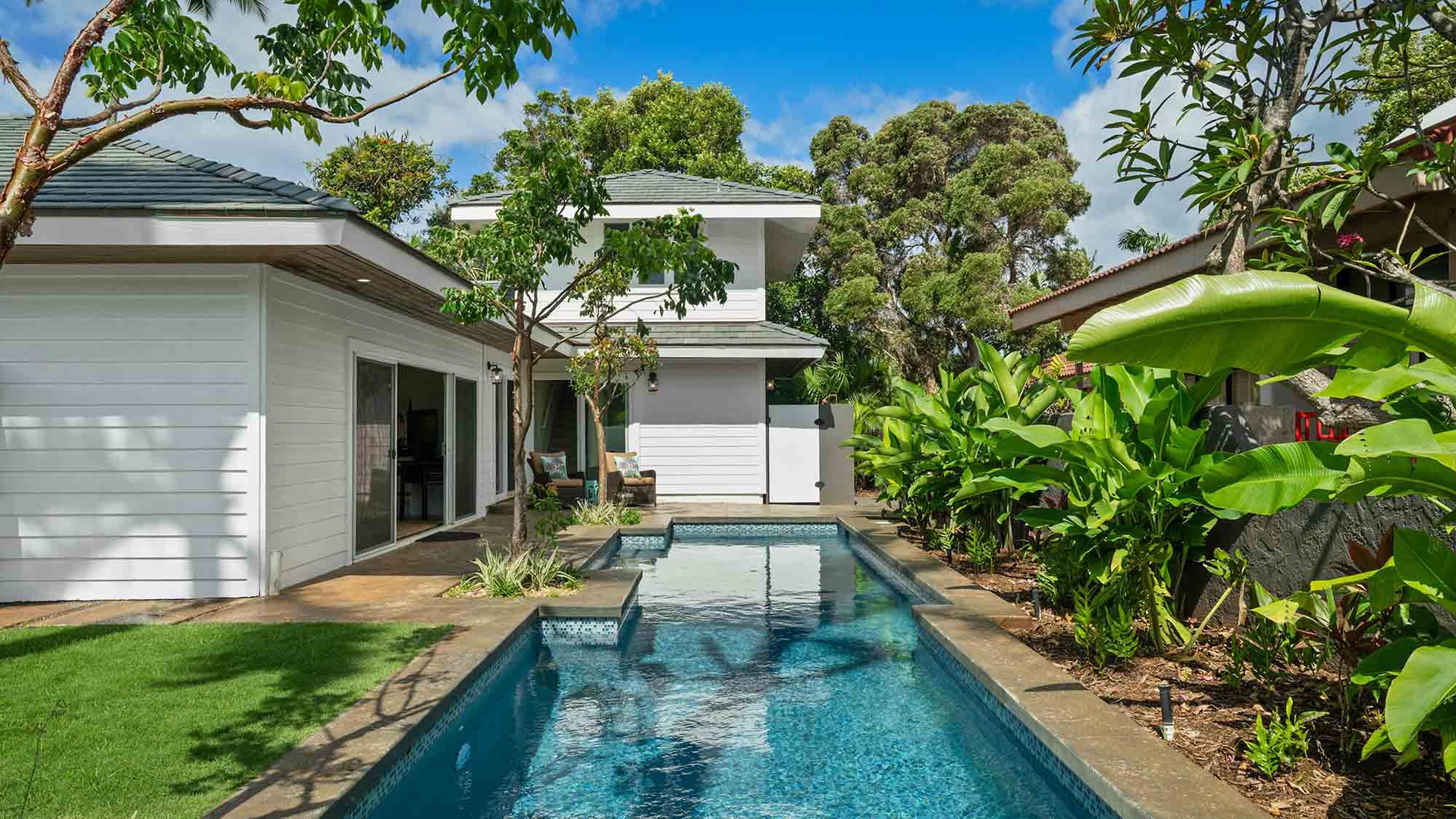 Modern coastal retreat with private pool surrounded by lush tropical gardens and mature trees under clear blue skies.