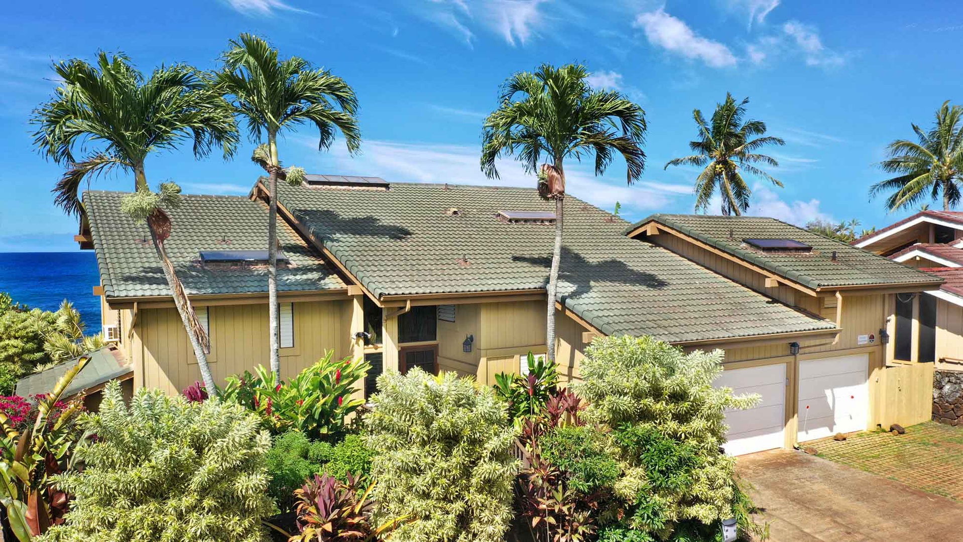 Tropical beachside property featuring palm trees and ocean views in a scenic island setting with lush landscaping.