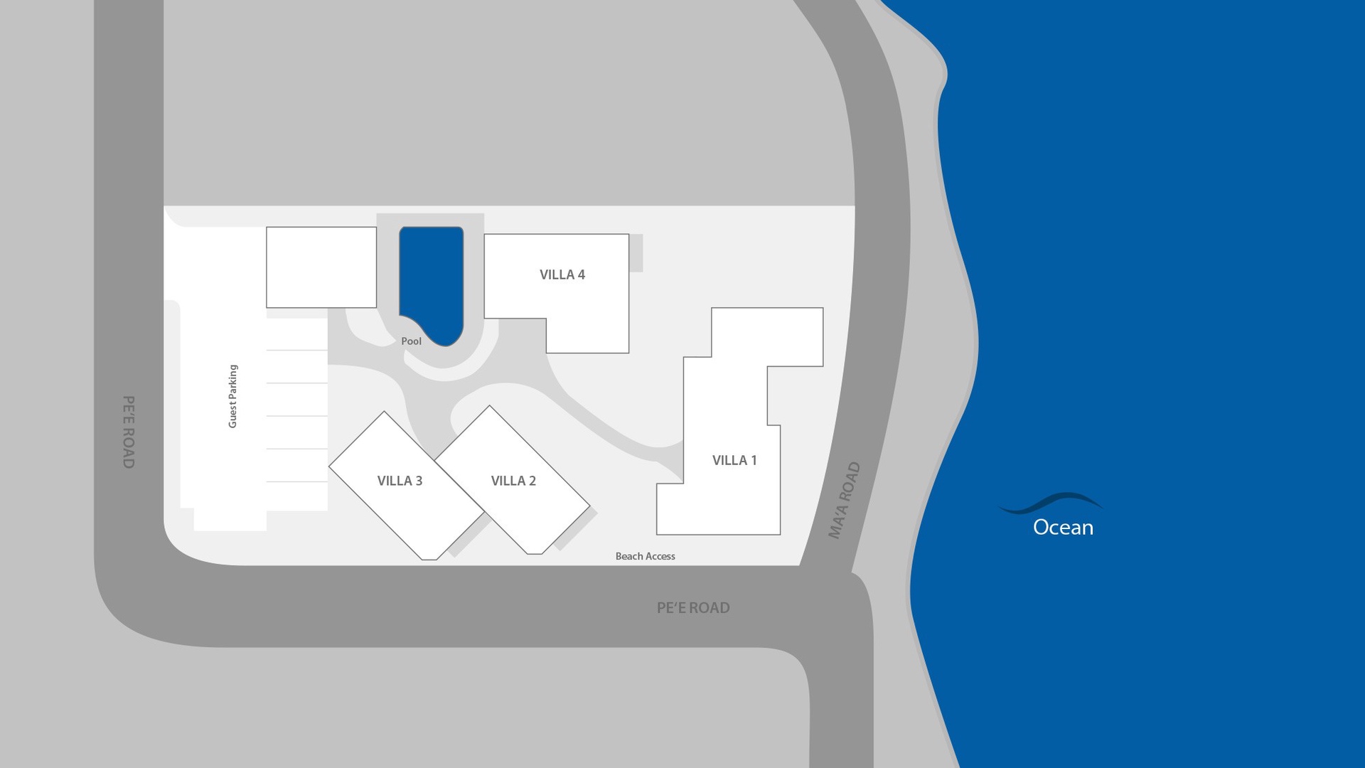 Property layout showing villa locations with pool, guest parking, and beach access near the ocean.