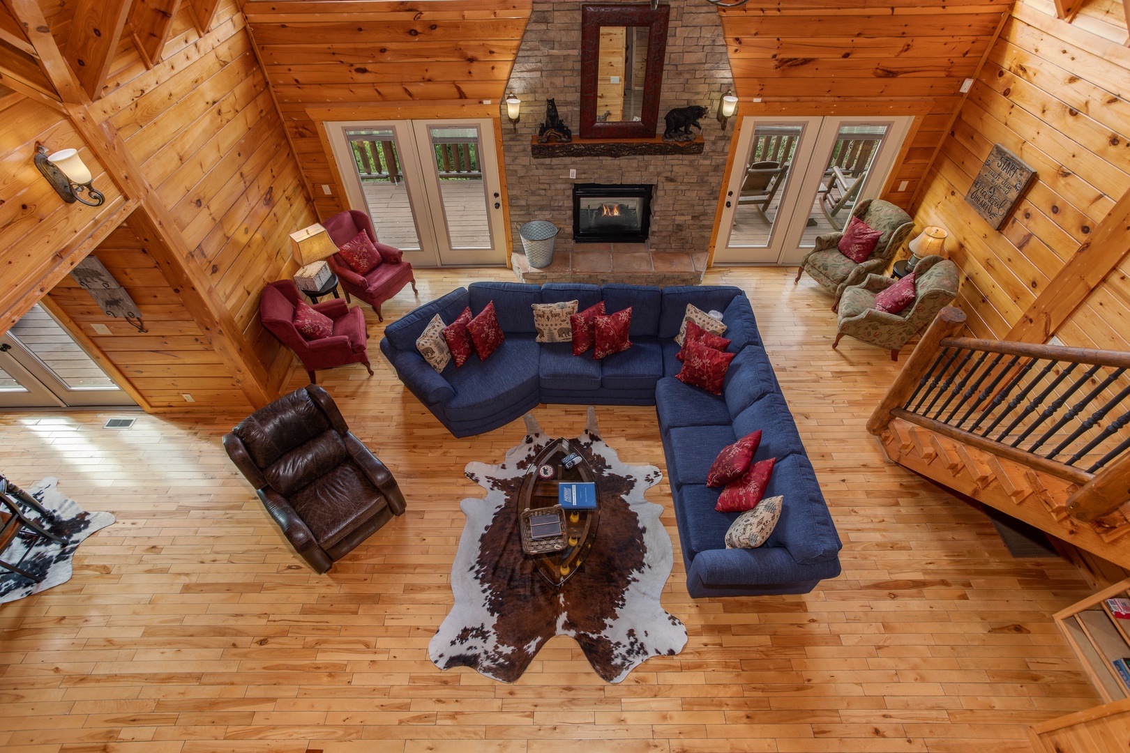 Looking down at the living room at Majestic Views, a 3 bedroom cabin rental located in Pigeon Forge