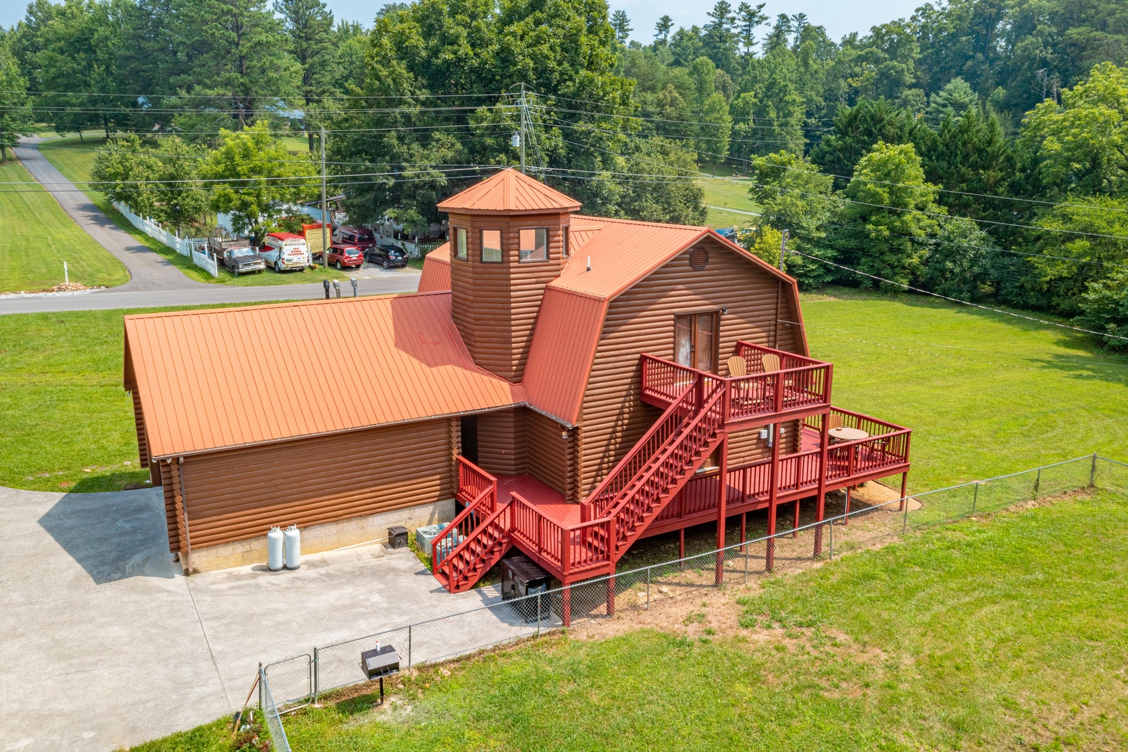Drone view of decks at 1 Crazy Cub, a 4 bedroom cabin rental located in Pigeon Forge