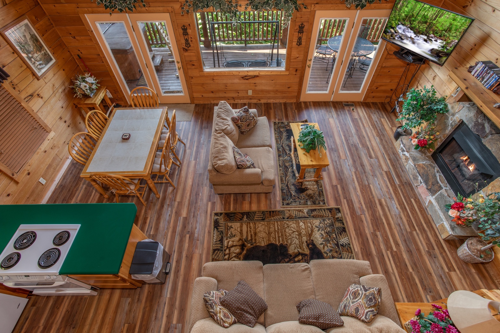 overhead living room view at angel's majestic view a 3 bedroom cabin rental located in pigeon forge