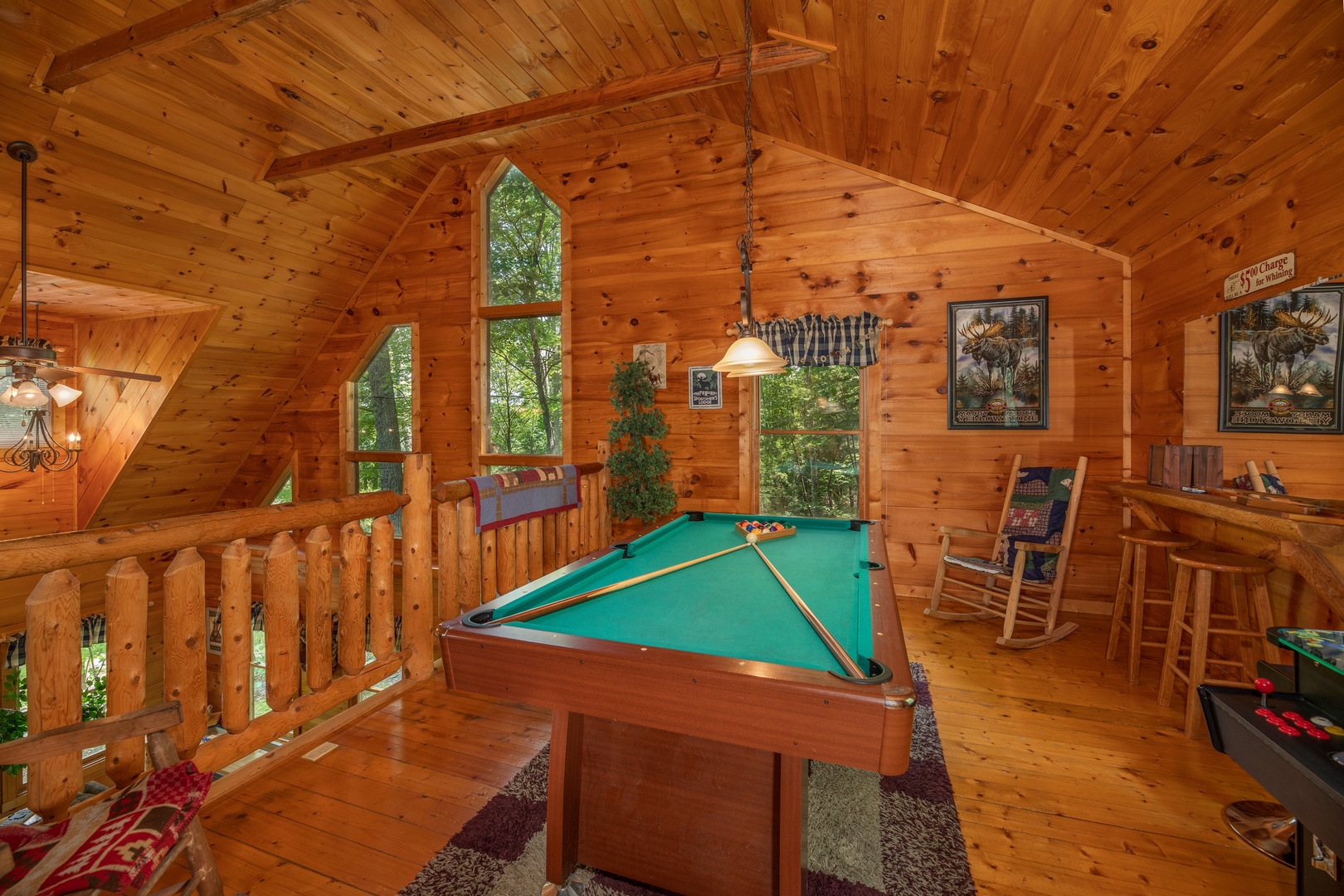 Green felt pool table at Misty Mountain Escape, a 2 bedroom cabin rental located in Gatlinburg
