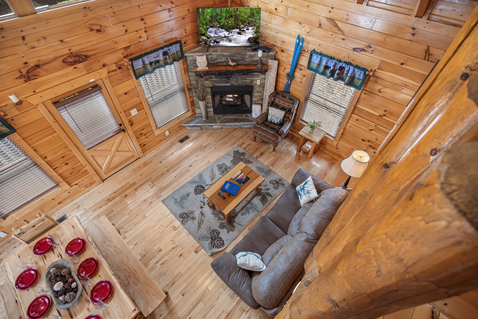Overhead view of living area at Natural Wonder, a 4 bedroom cabin rental located in Gatlinburg