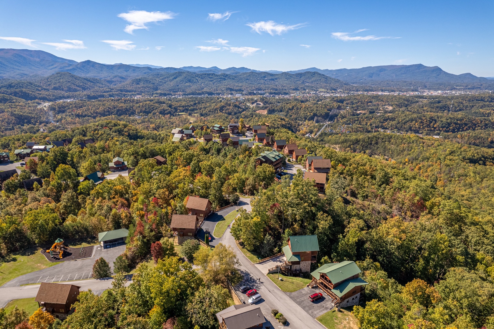 Drone view at Eagle's Sunrise, a 2 bedroom cabin rental located in Pigeon Forge