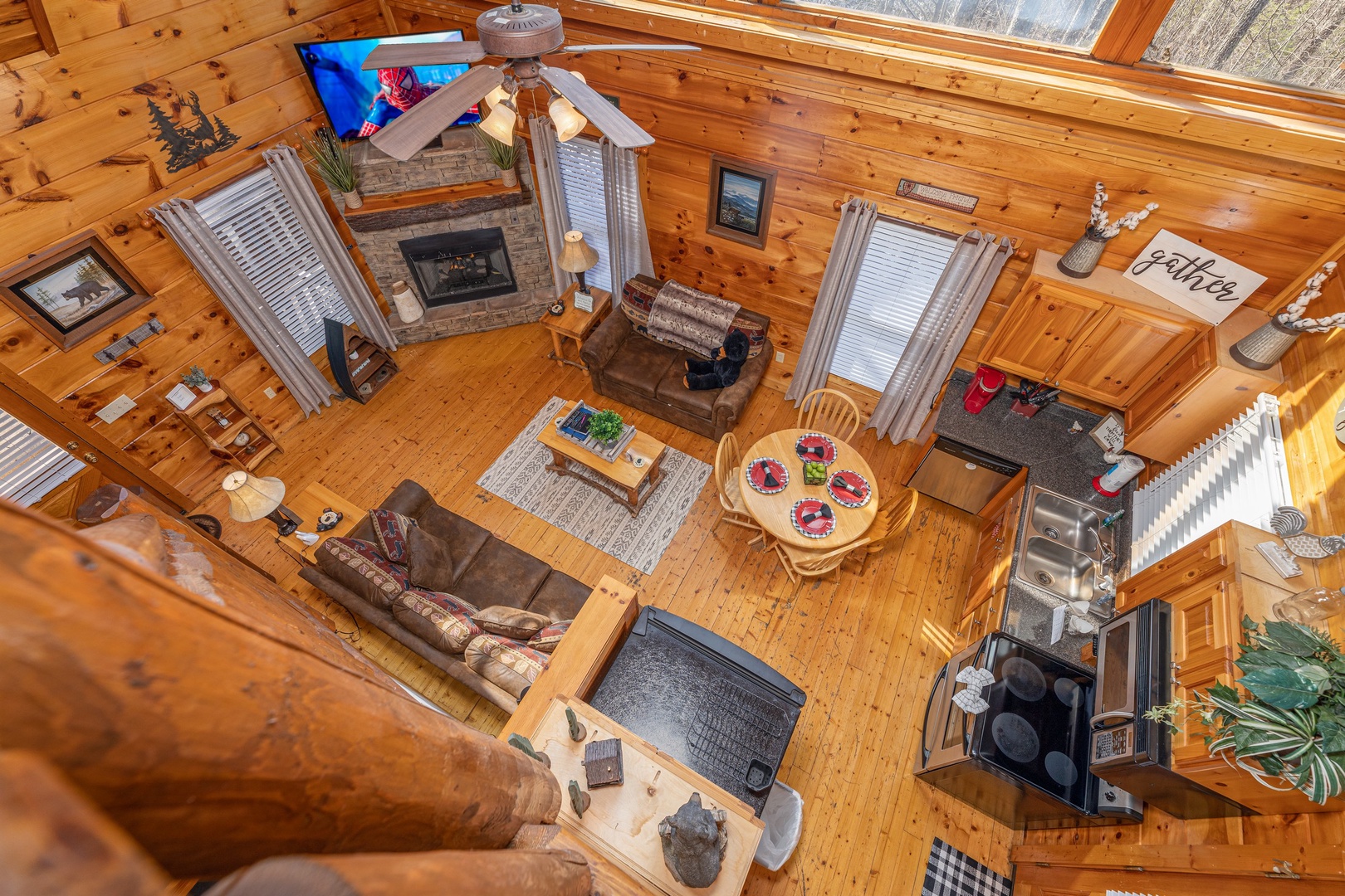 Looking down at the main floor at Honey Bear Haven, a 1 bedroom cabin rental located in Pigeon Forge