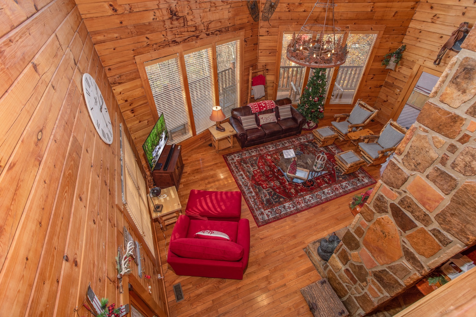 Overhead view of the living room at The Original American Dream, a 2 bedroom cabin rental located in Gatlinburg