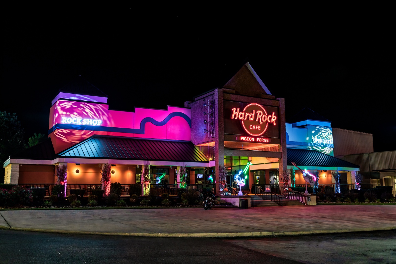 Hard Rock Caf√© at night near Happy Hideaway, a 4 bedroom cabin rental located in Pigeon Forge