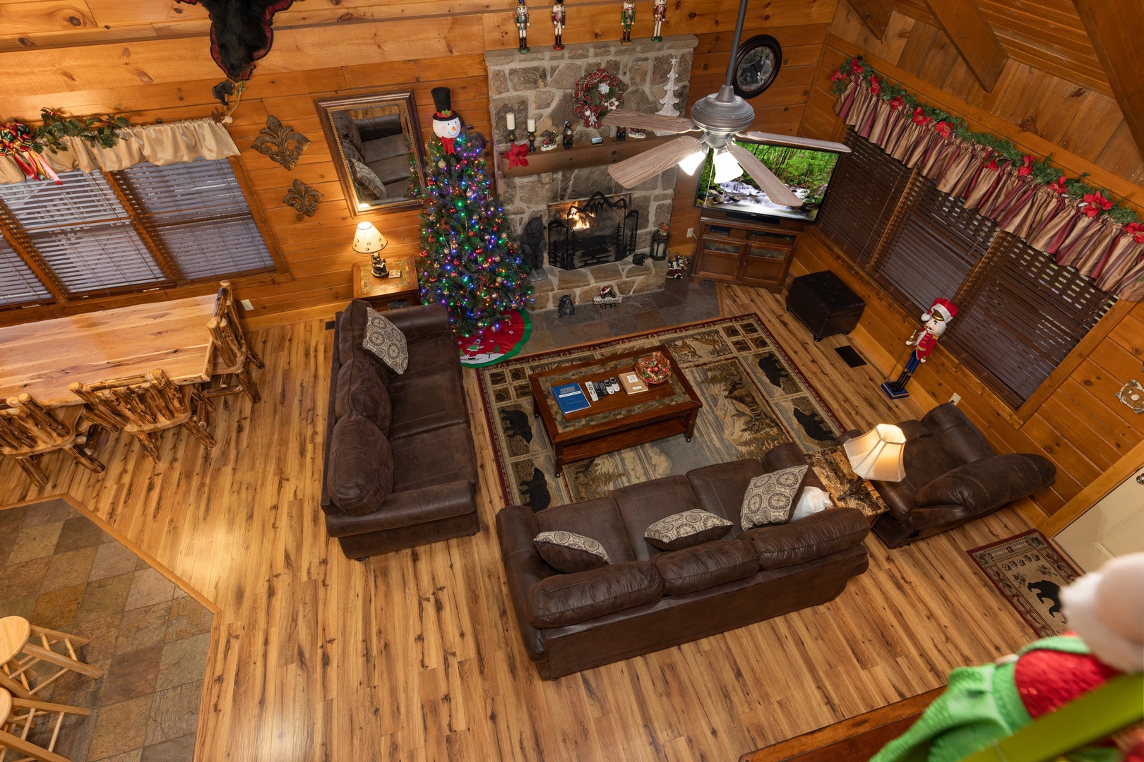Looking down at the living room at Pigeon Forge Pleasures, a 3 bedroom cabin rental located in Pigeon Forge