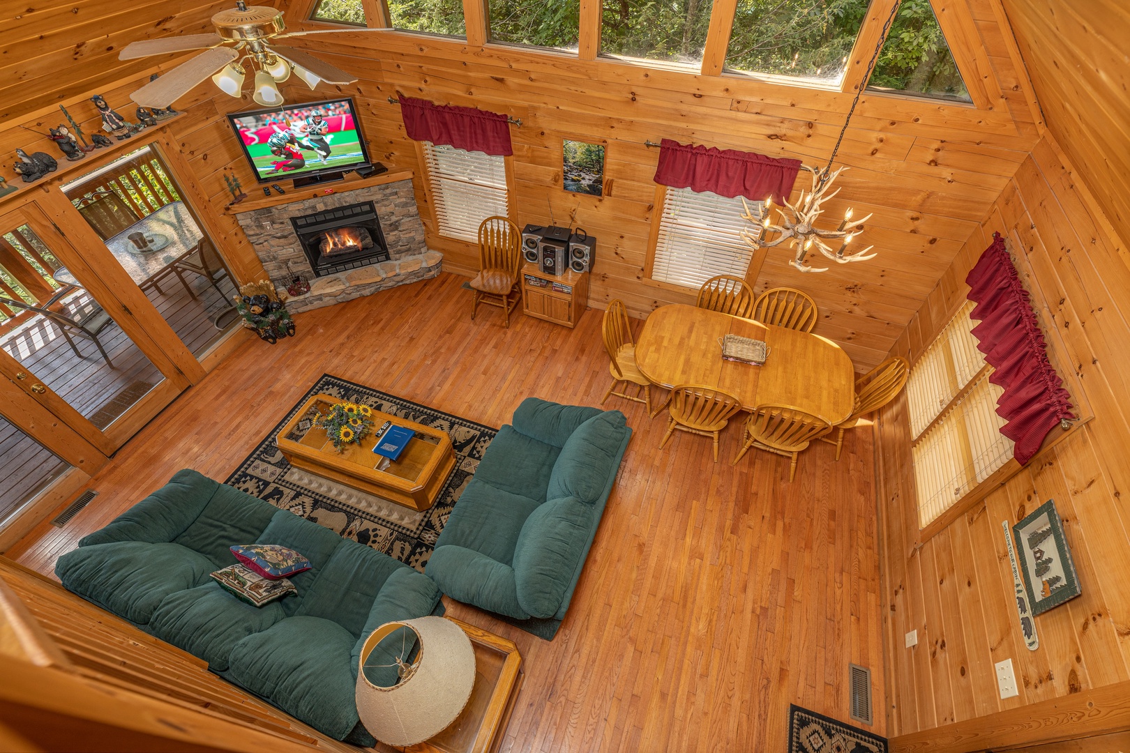 Looking down at the living room at Cub's Crossing, a 3 bedroom cabin rental located in Gatlinburg
