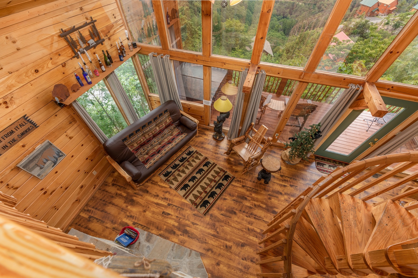 Living room from above at Away From it All, a 1 bedroom cabin rental located in Pigeon Forge
