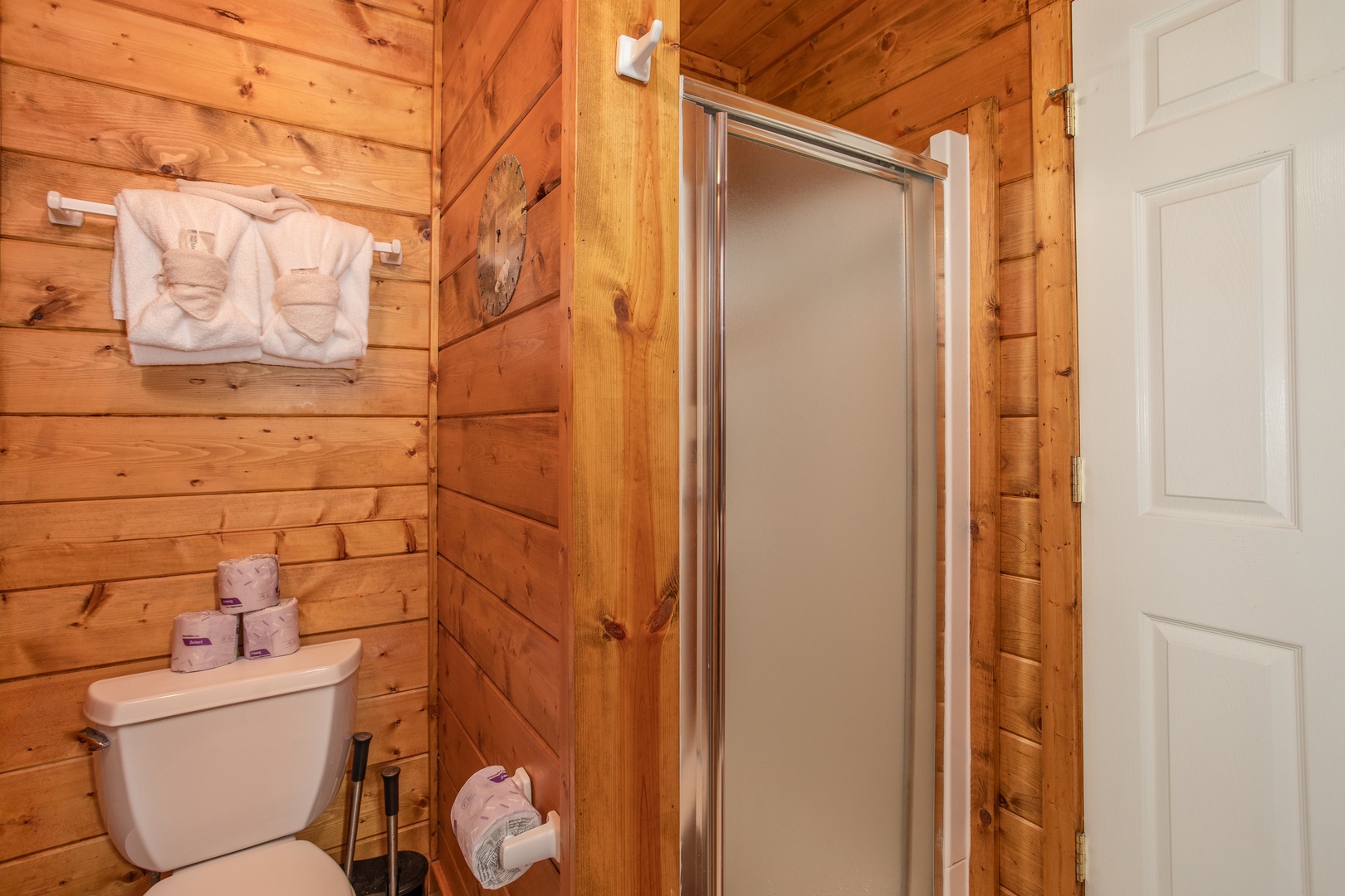 Bathroom with a shower stall on the lower floor at Shiloh, a 3 bedroom cabin rental located in Gatlinburg