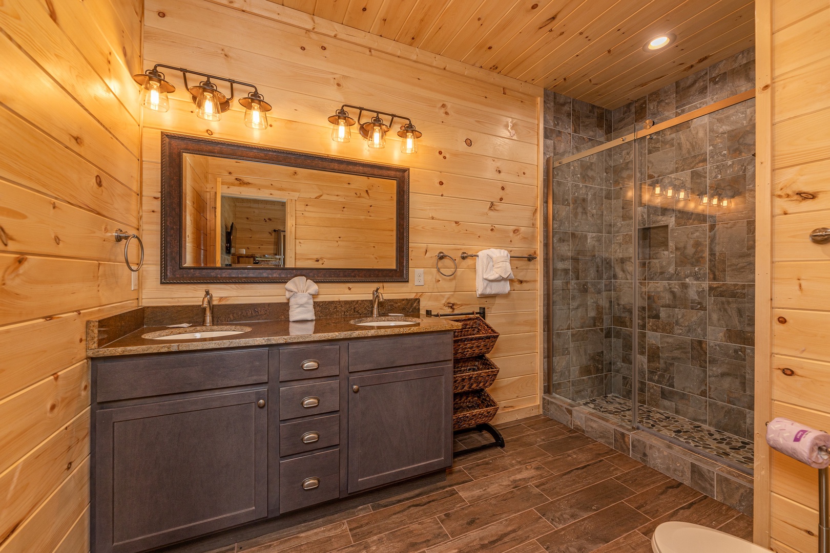 Bathroom with walk-in-shower at Twin Peaks, a 5 bedroom cabin rental located in Gatlinburg