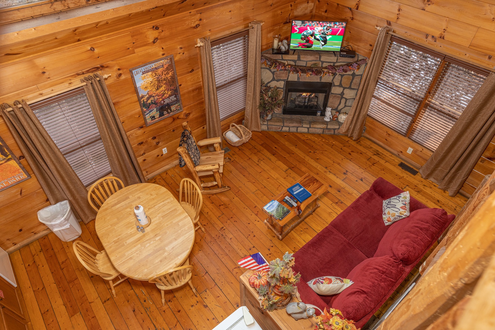 Looking down at the main floor at Fallin' in Love, a 1 bedroom cabin rental located in Gatlinburg
