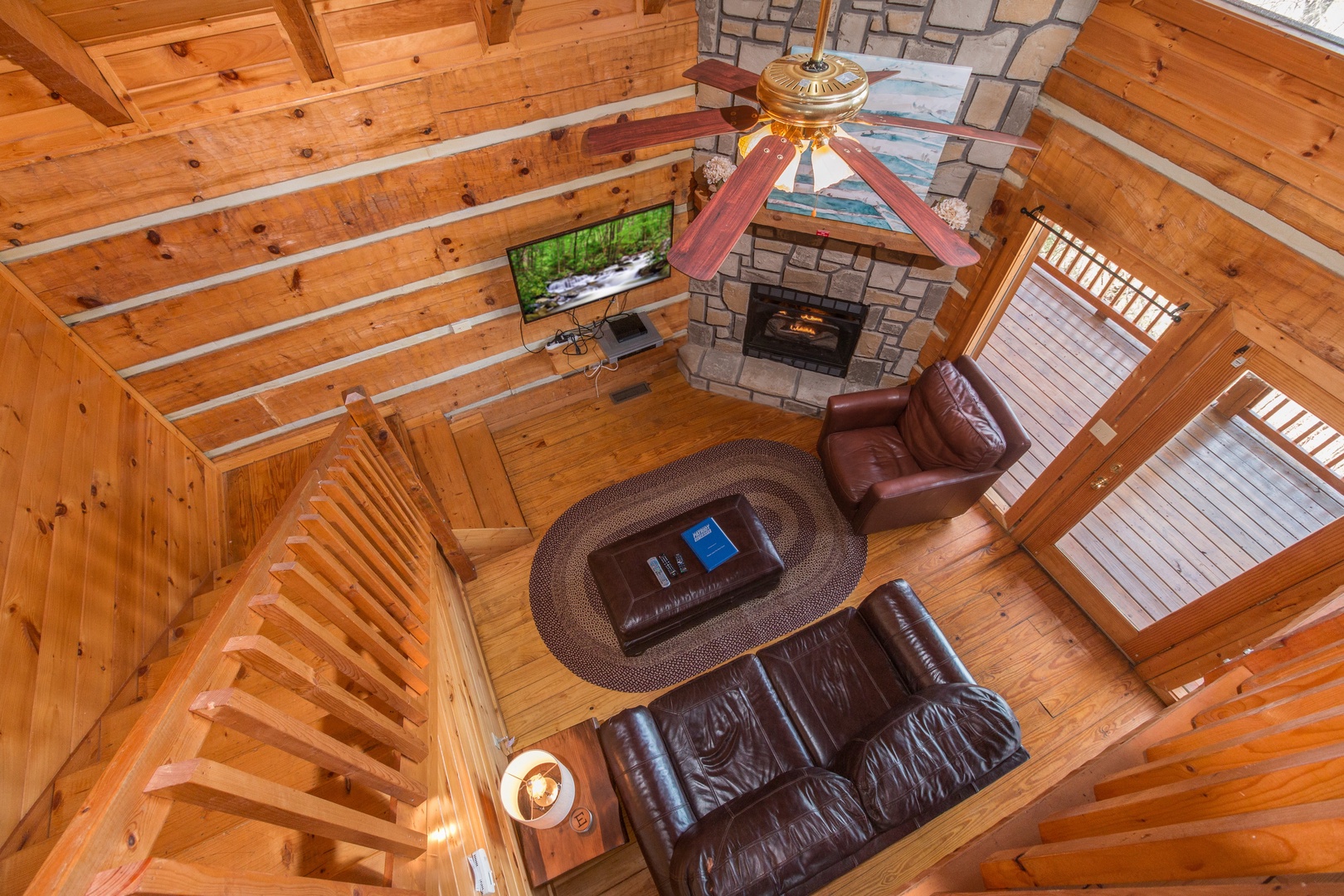 Aerial living room at Ella-Vation, a 3 bedroom cabin rental located in Gatlinburg