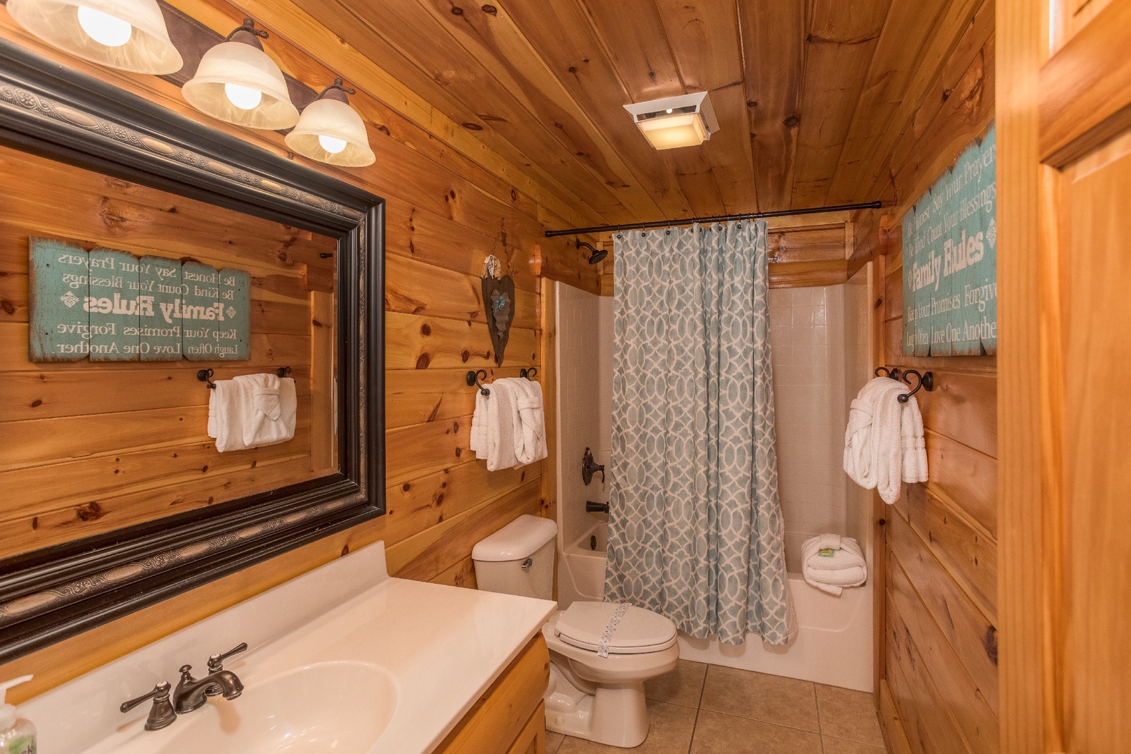 Bathroom on the upper floor at Mountain View Meadows, a 3 bedroom cabin rental located in Pigeon Forge