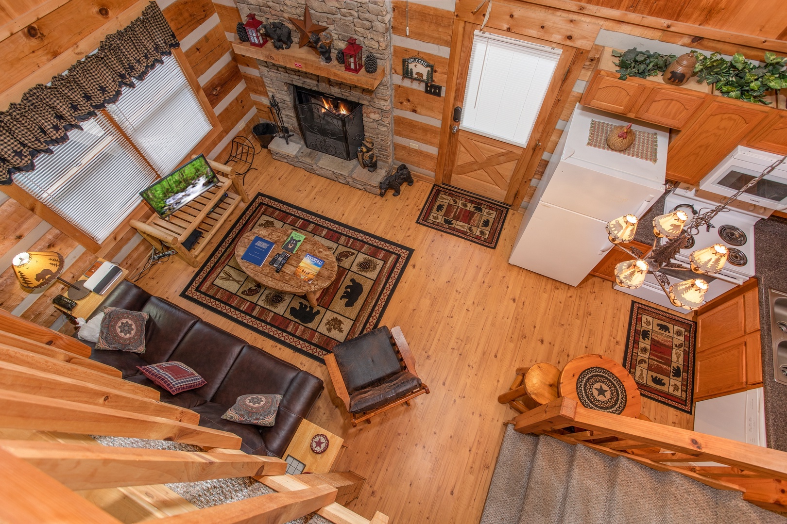 Overhead view of the living room at Bearfoot Crossing, a 1-bedroom cabin rental located in Pigeon Forge