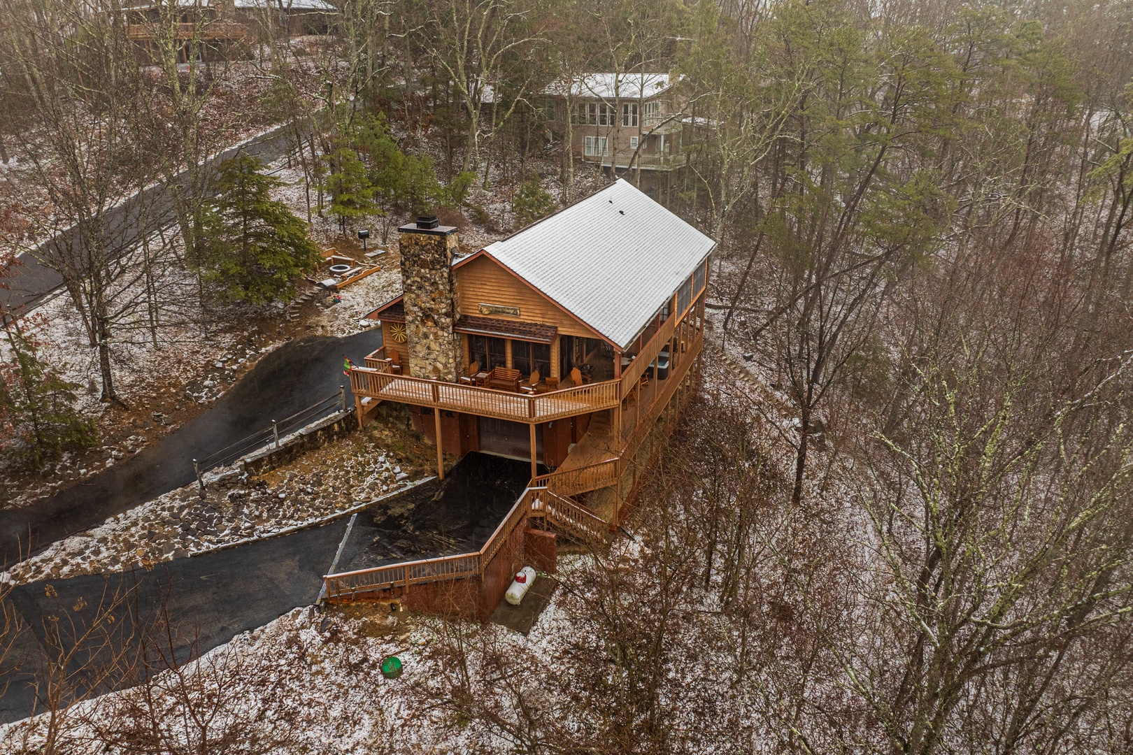 Outside Ariel view during winter at Lazy Bear Retreat, a 4 bedroom cabin rental located in Pigeon Forge