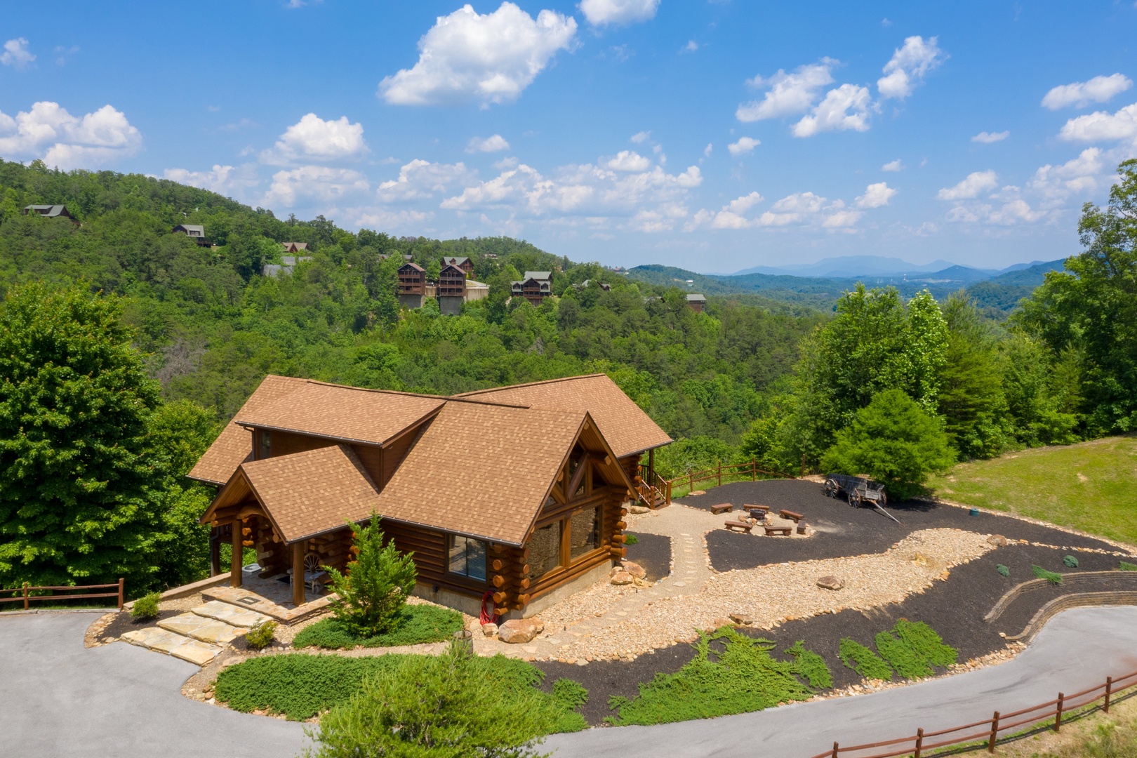 Looking down at the cabin from a drone at God's Country, a 4 bedroom cabin rental located in Pigeon Forge