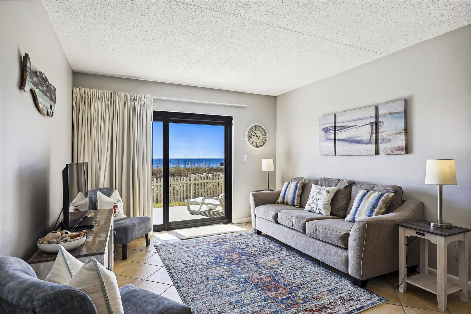 Ocean Breeze West Unit 104 Living Room and Beach View Patio