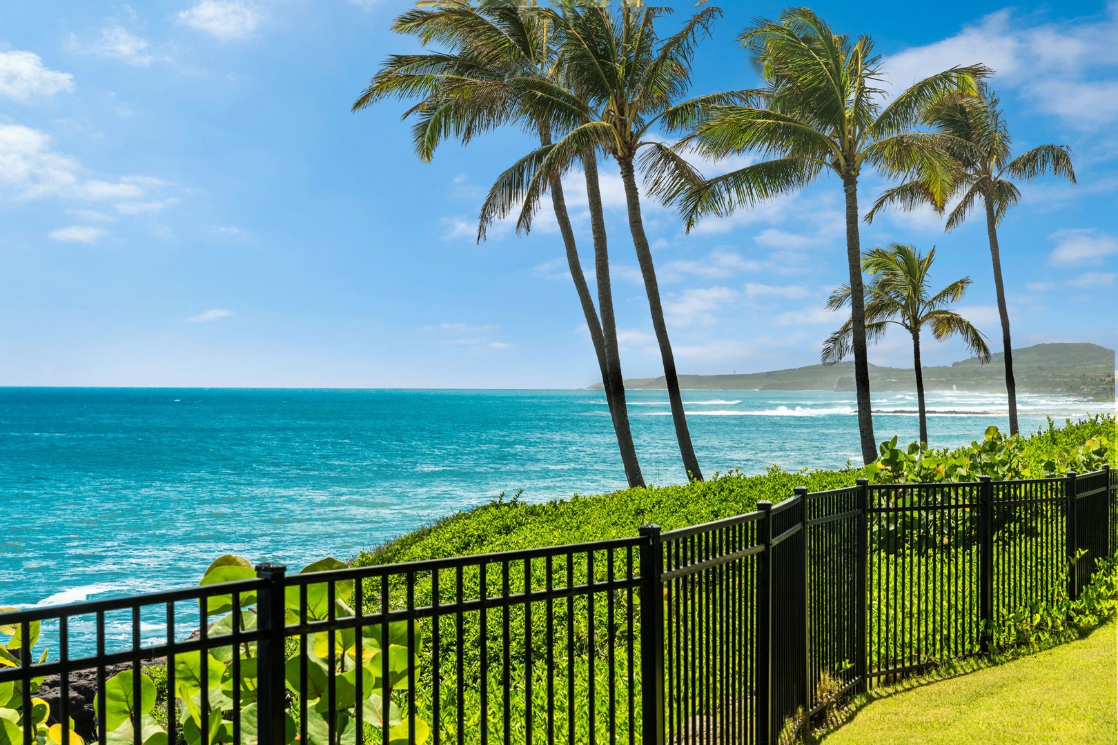 This tropical paradise features pristine turquoise waters, swaying palm trees, and lush coastal greenery along a secure property boundary.