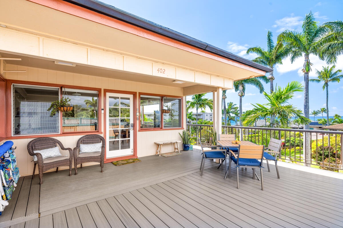 Your private lanai welcomes you with ocean breezes, tropical views, and comfortable seating for morning coffee or sunset cocktails.