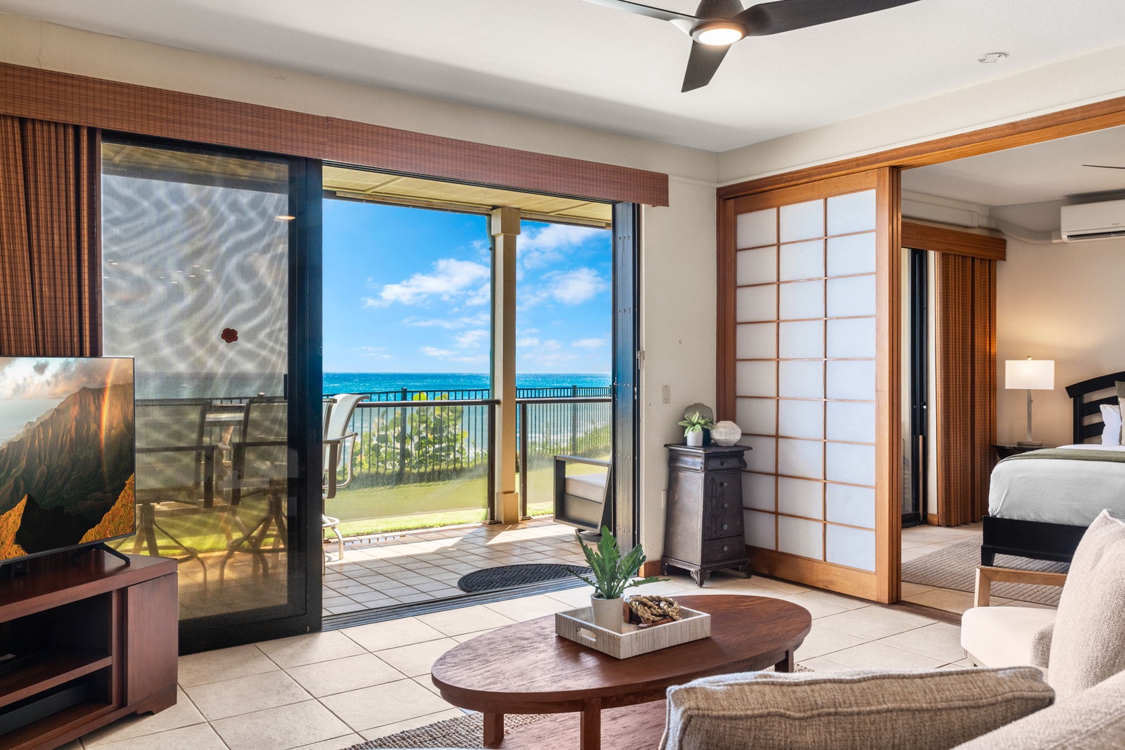 Step into your bright coastal retreat where ocean breezes meet modern comfort. Relax in your living space with stunning sea views, and slide open the doors to your private balcony just steps from paradise.