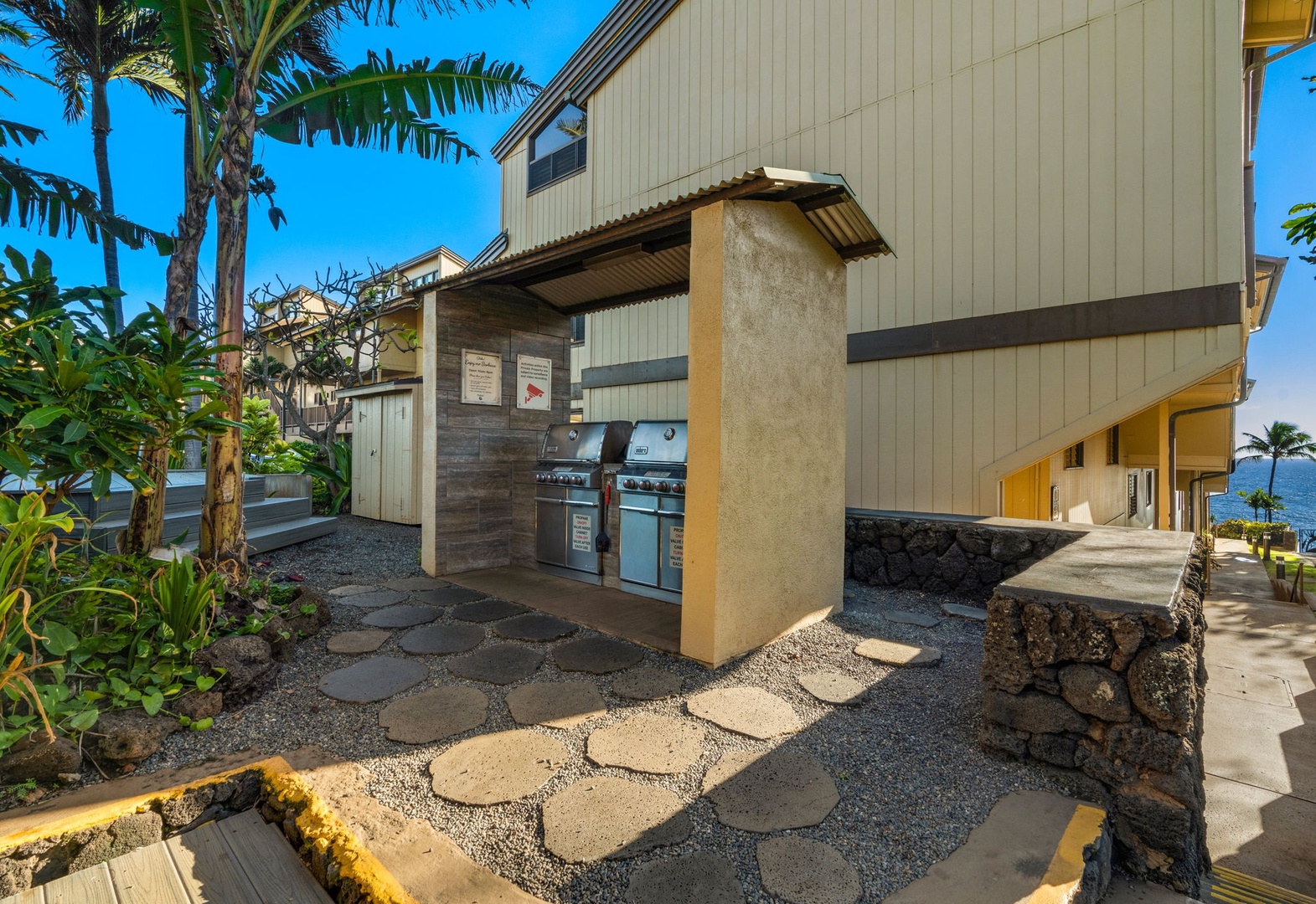 An outdoor grilling station framed by lush tropical palms and a scenic oceanfront path invites casual beachside cookouts under clear blue skies.