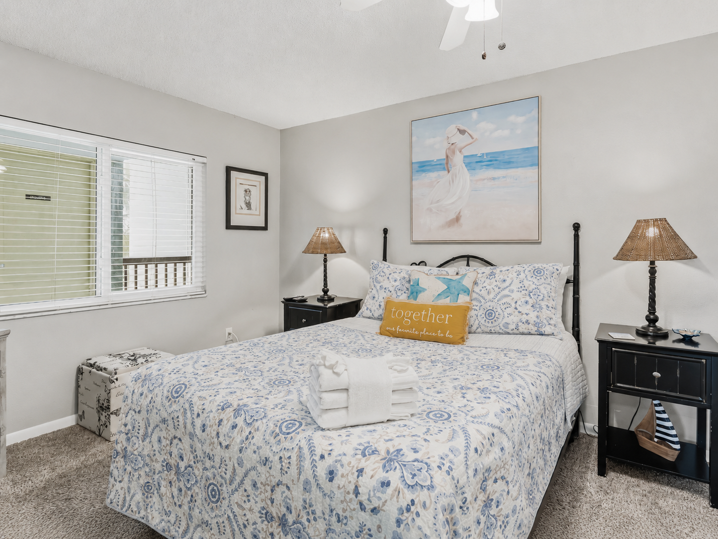 2nd bedroom with Queen bed, TV, and ceiling fan